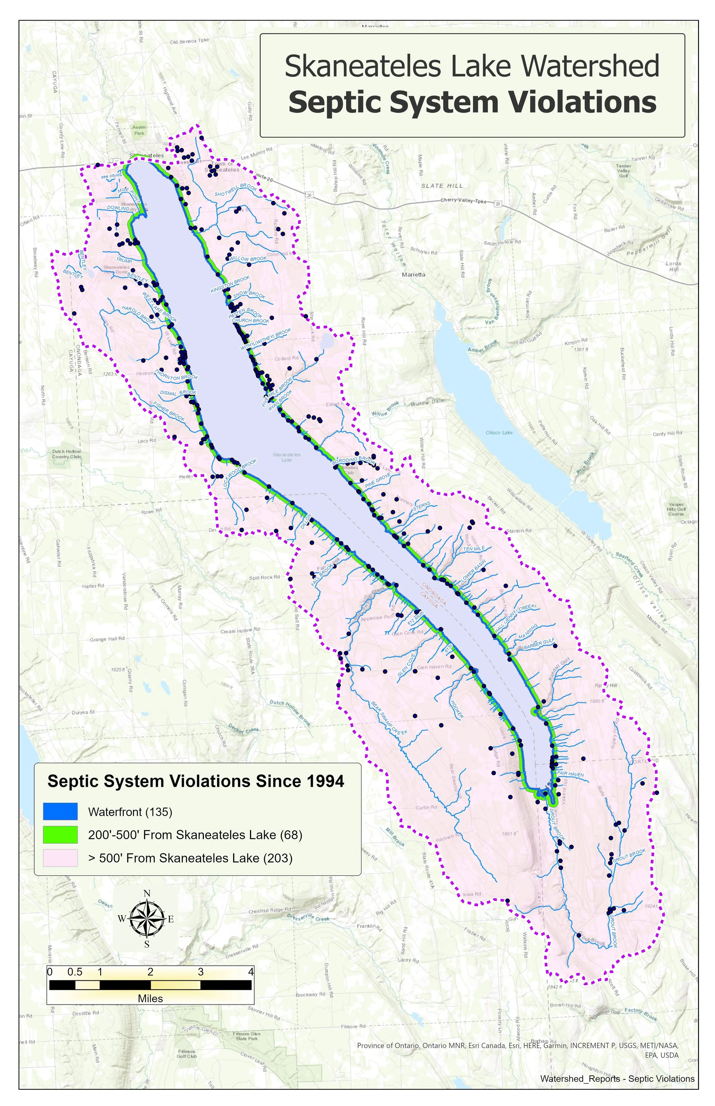 Map showing septic system violations in the Skaneateles Lake watershed since 1994