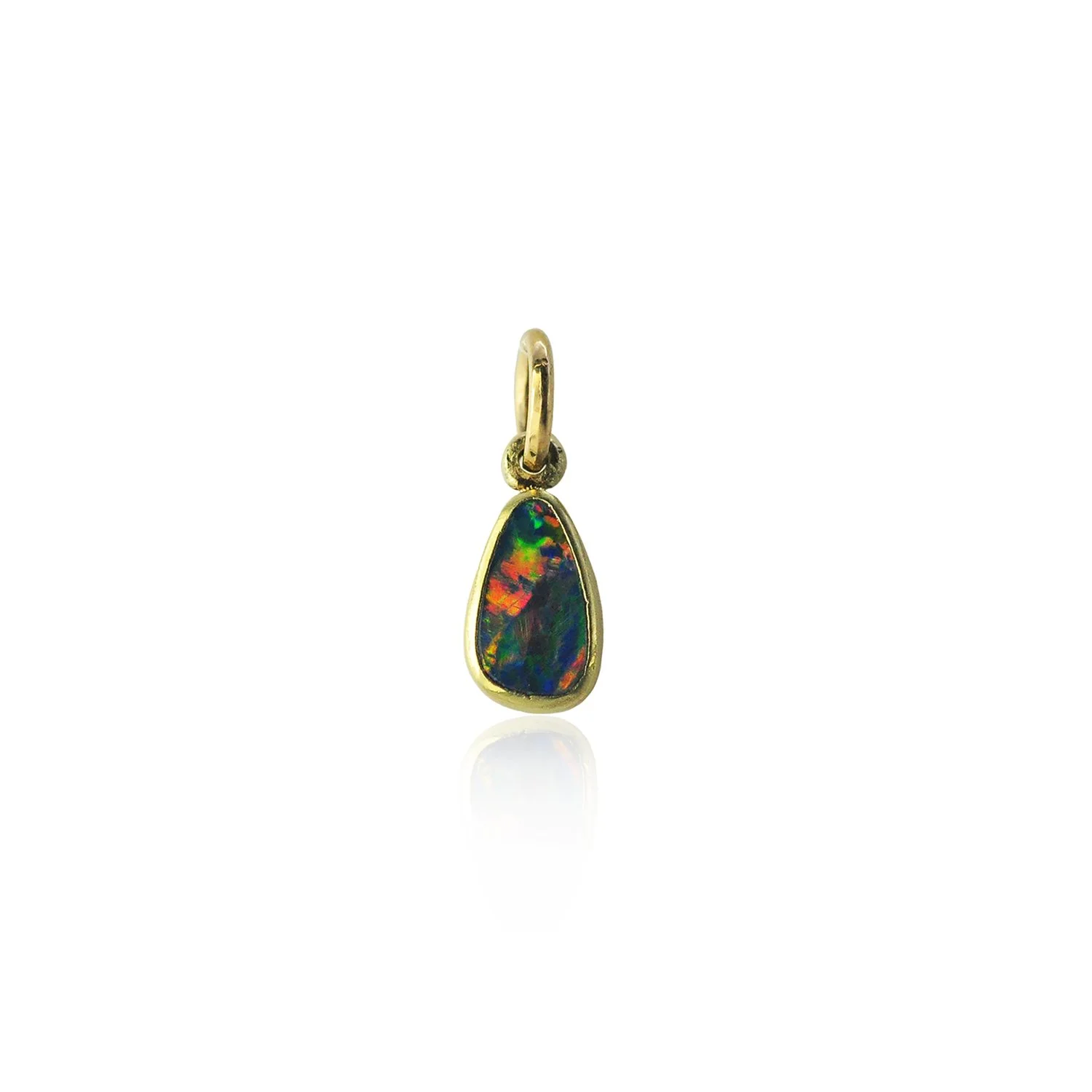 Small Boulder Opal Charm. 18k yellow gold bezel, teardrop boulder opal. Handmade fine art jewelry by Rebecca Myers Design.