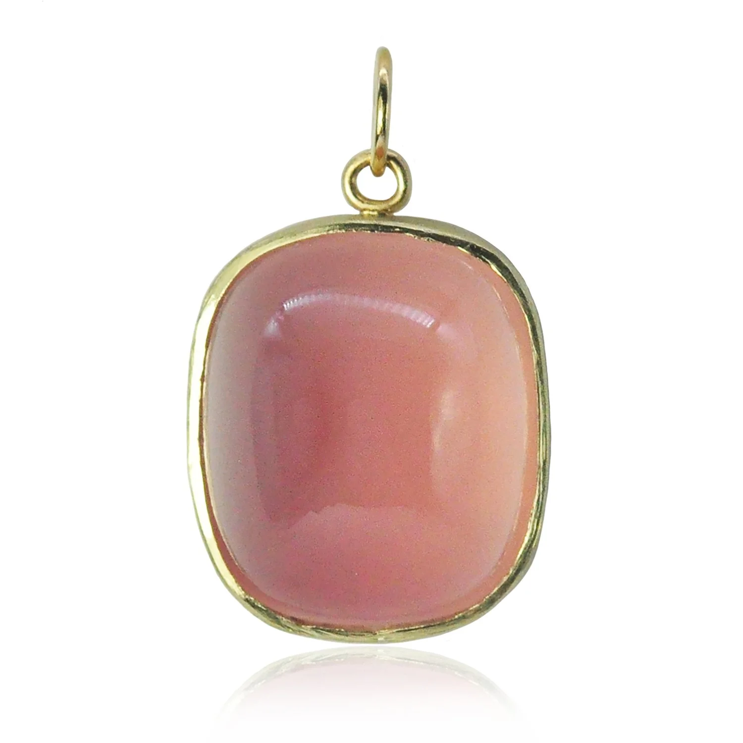 Rose Quartz Cab Charm. Cushion cut rose quartz cabochon, 18k yellow gold, silver. Handmade fine art jewelry by Rebecca Myers Design.