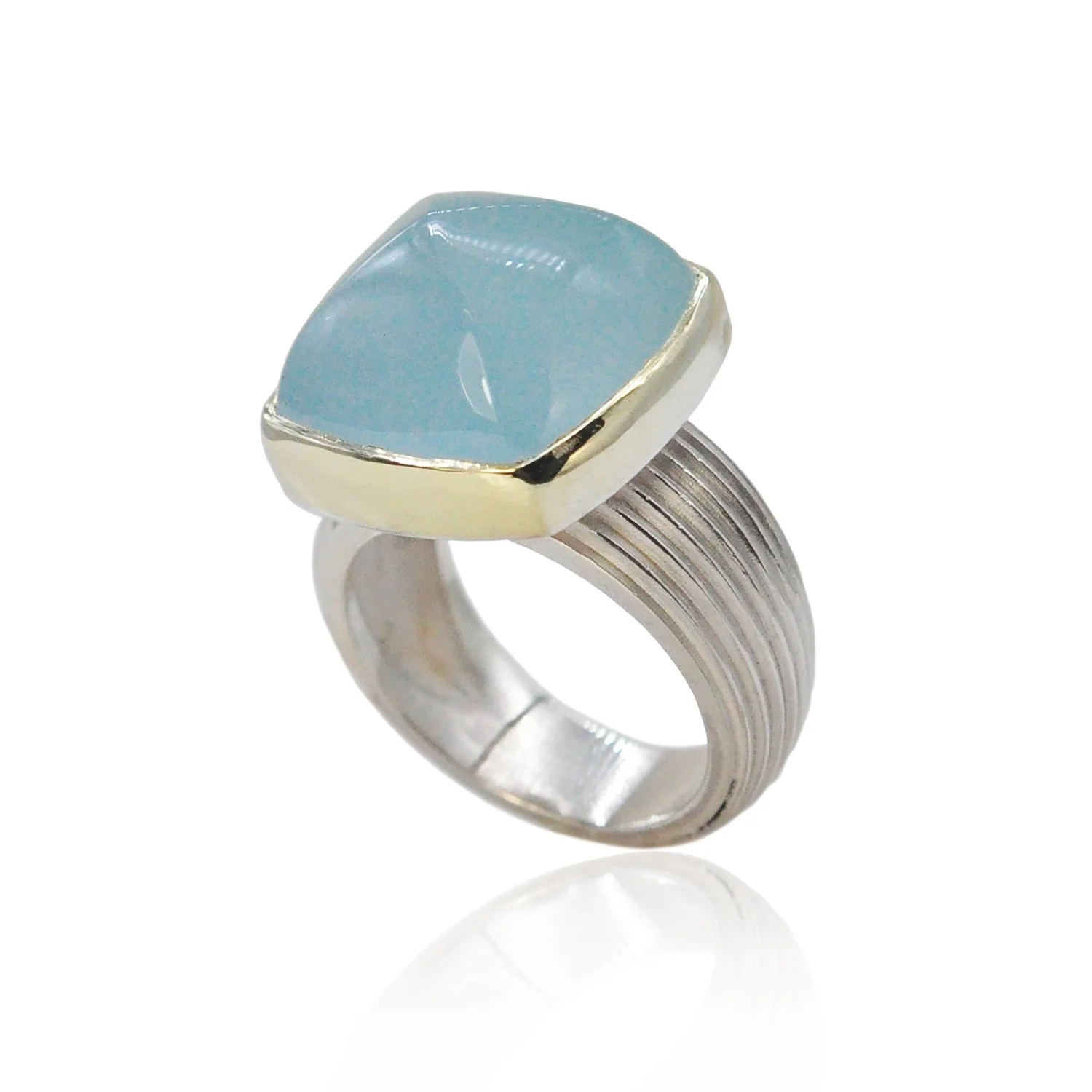 Sugarloaf Aquamarine Ring. Aquamarine, 14k yellow gold, sterling silver. View 2. Handmade fine art jewelry by Rebecca Myers Design.