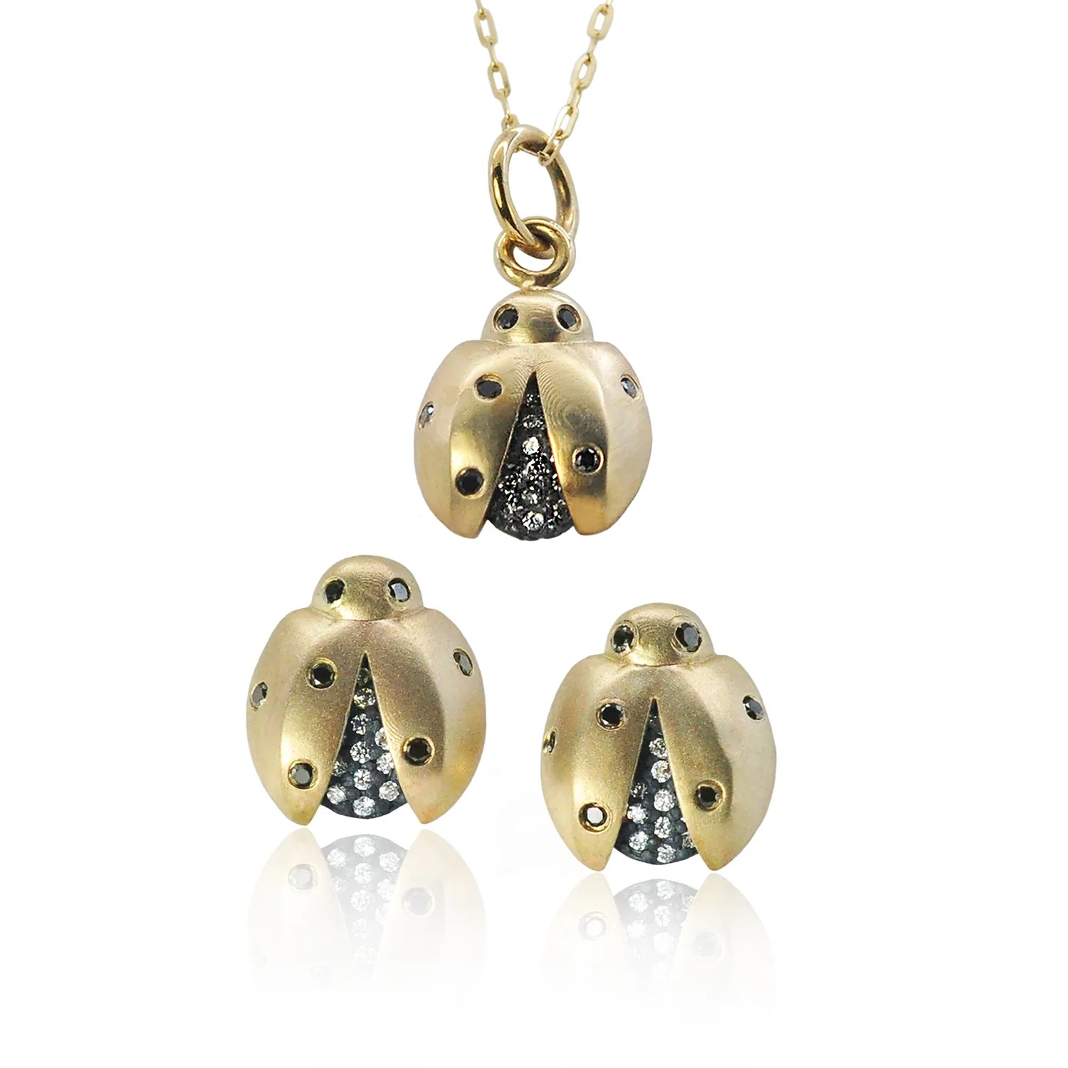 Ladybug Pendant & Earrings. 14k yellow gold, oxidized silver, white diamonds. Handmade fine art jewelry by Rebecca Myers Design.