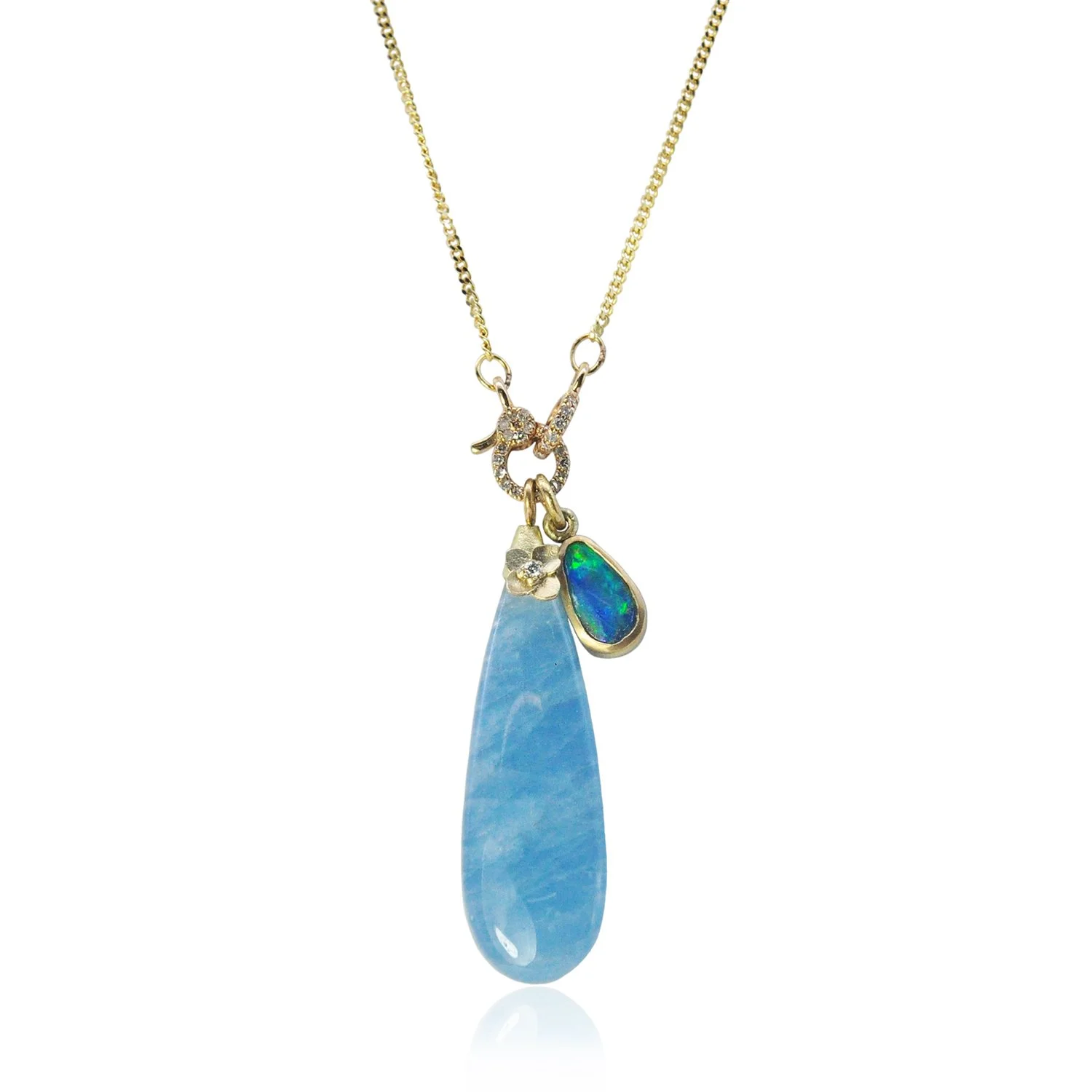Teardrop Aquamarine with Hydrangea Topper. Aquamarine, 14k yellow gold, pave set white diamond. Shown on gold chain with additional charms. Handmade fine art jewelry by Rebecca Myers Design.