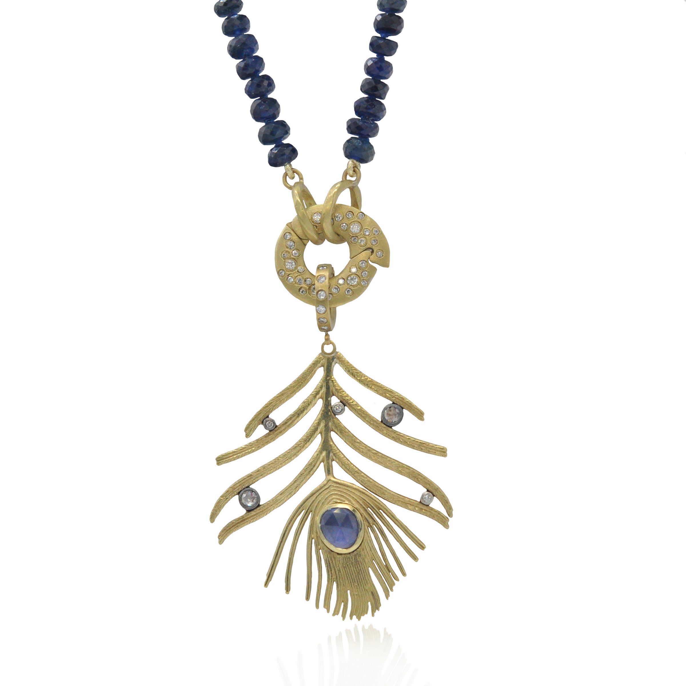 Peacock Feather Pendant on Sapphire Strand with Hinged Charm Holder.jpg