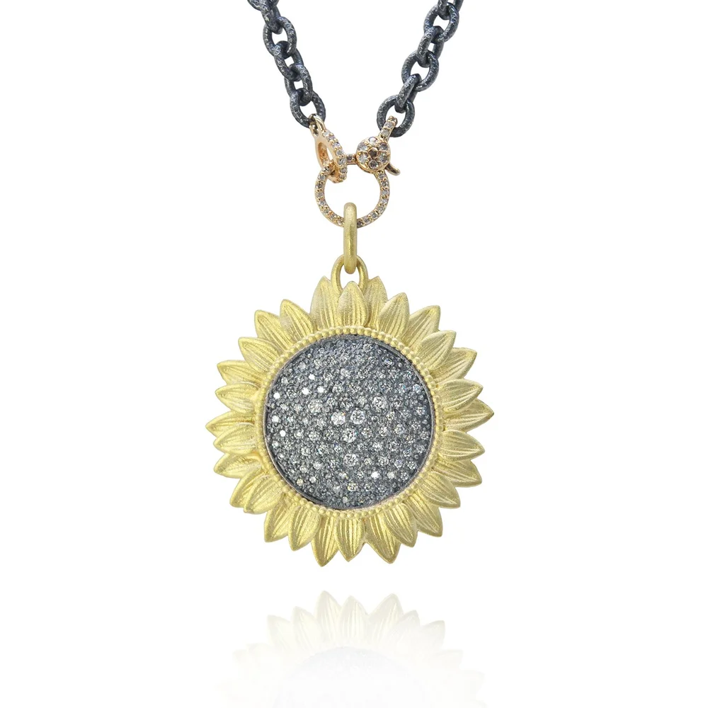 Large Pave Diamond Sunflower Necklace with Emerald Toggle Clasp
