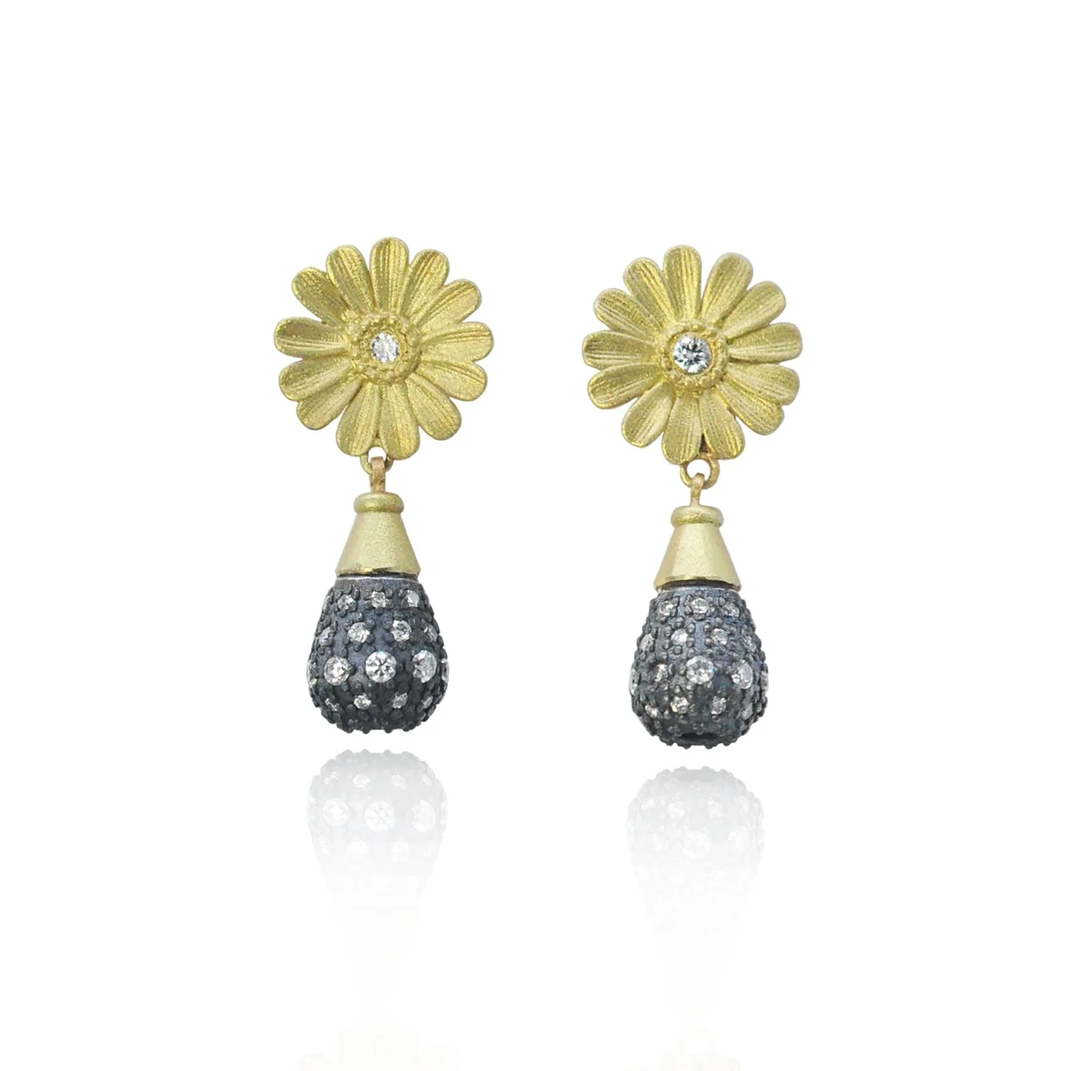 Gold Shasta Daisies with Pave Diamond Teardrops. 14k yellow gold, oxidized silver, brilliant cut white diamonds. Handmade fine art jewelry by Rebecca Myers Design.