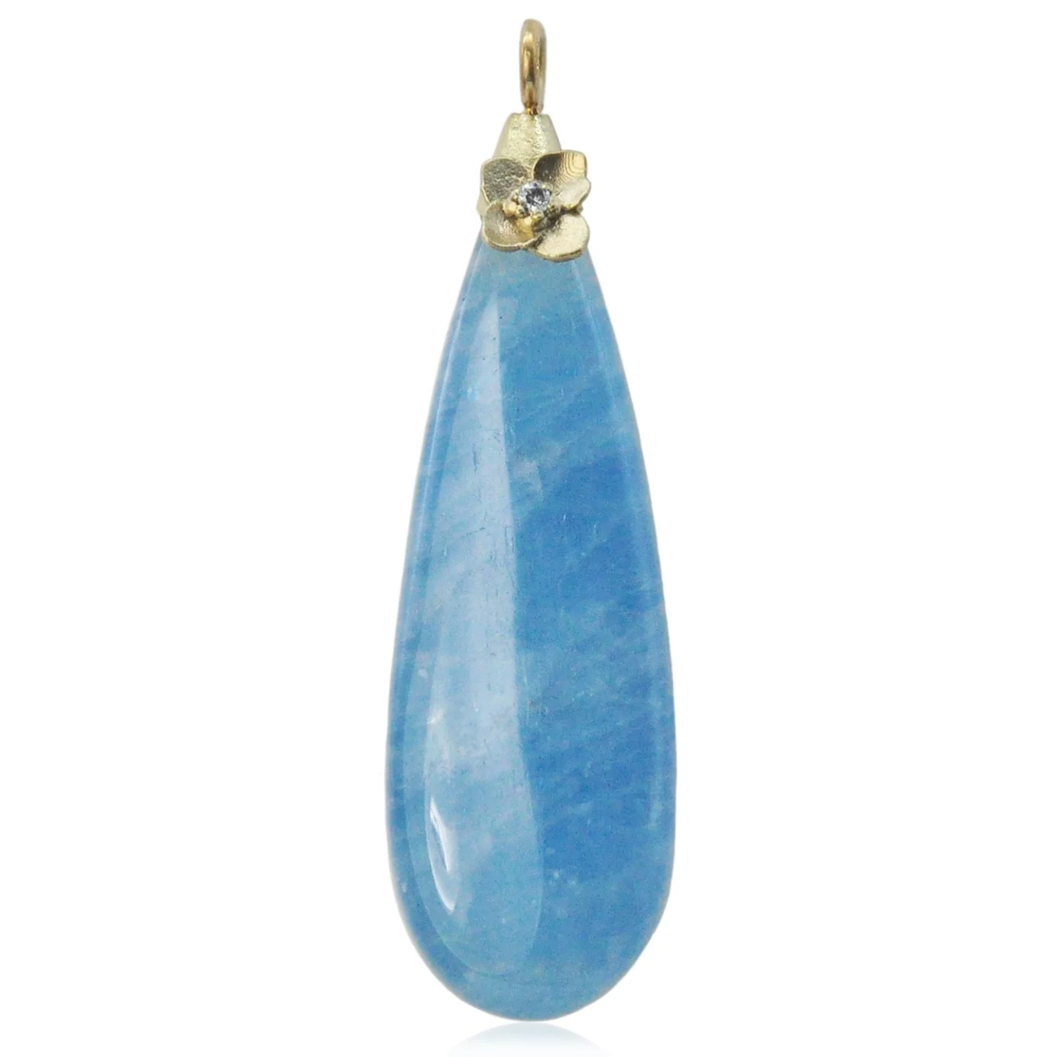 Teardrop Aquamarine with Hydrangea Topper. Aquamarine, 14k yellow gold, pave set white diamond. Handmade fine art jewelry by Rebecca Myers Design.