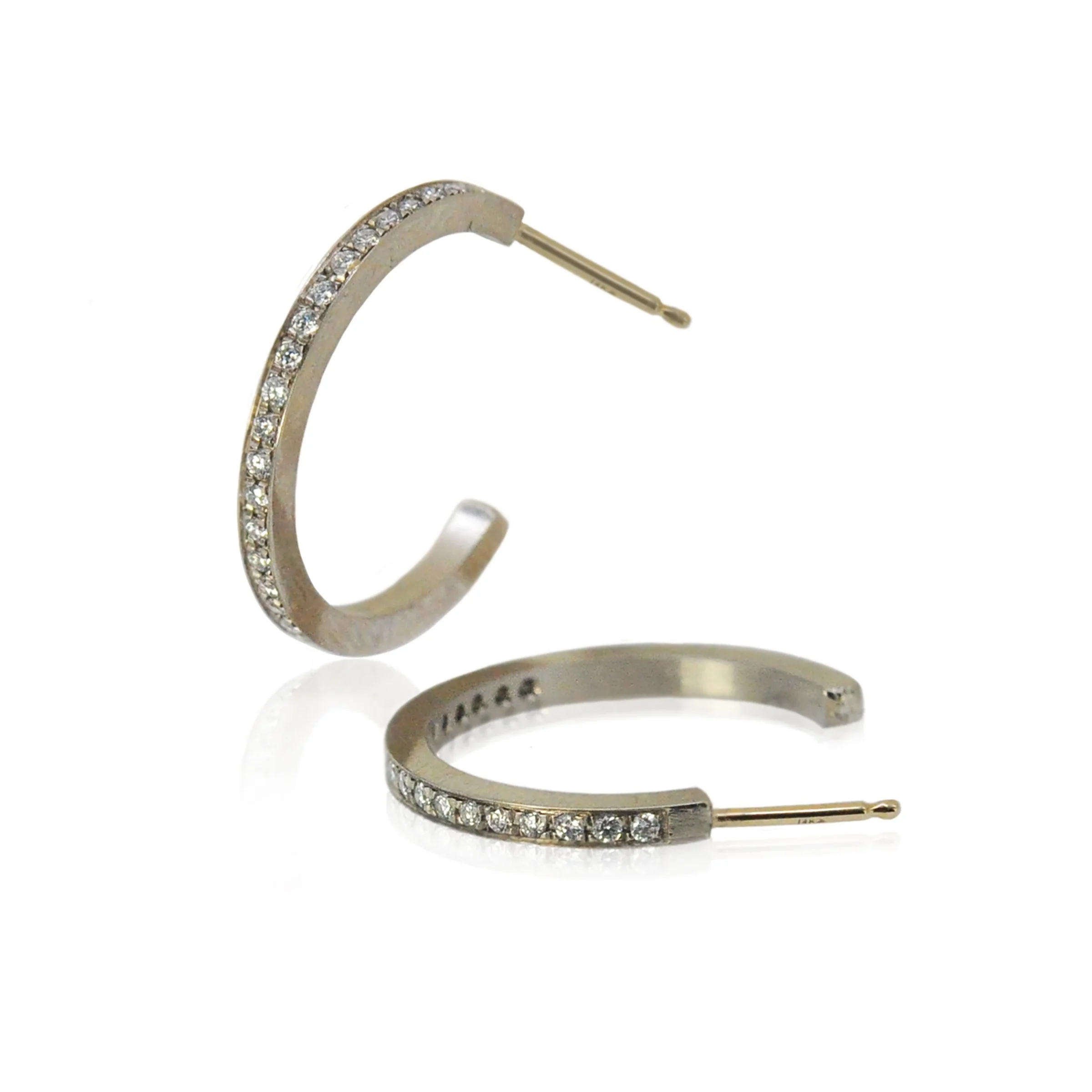 Large White Gold & Diamond Hoops. 14k white gold, white diamonds, yellow gold posts. Handmade fine art jewelry by Rebecca Myers Design.