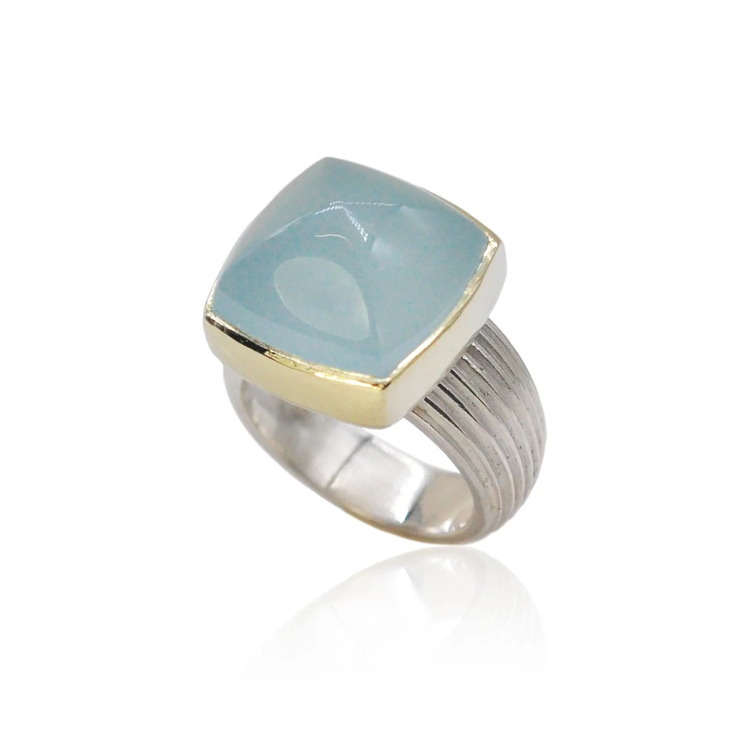 Sugarloaf Aquamarine Ring. Aquamarine, 14k yellow gold, sterling silver. Handmade fine art jewelry by Rebecca Myers Design.