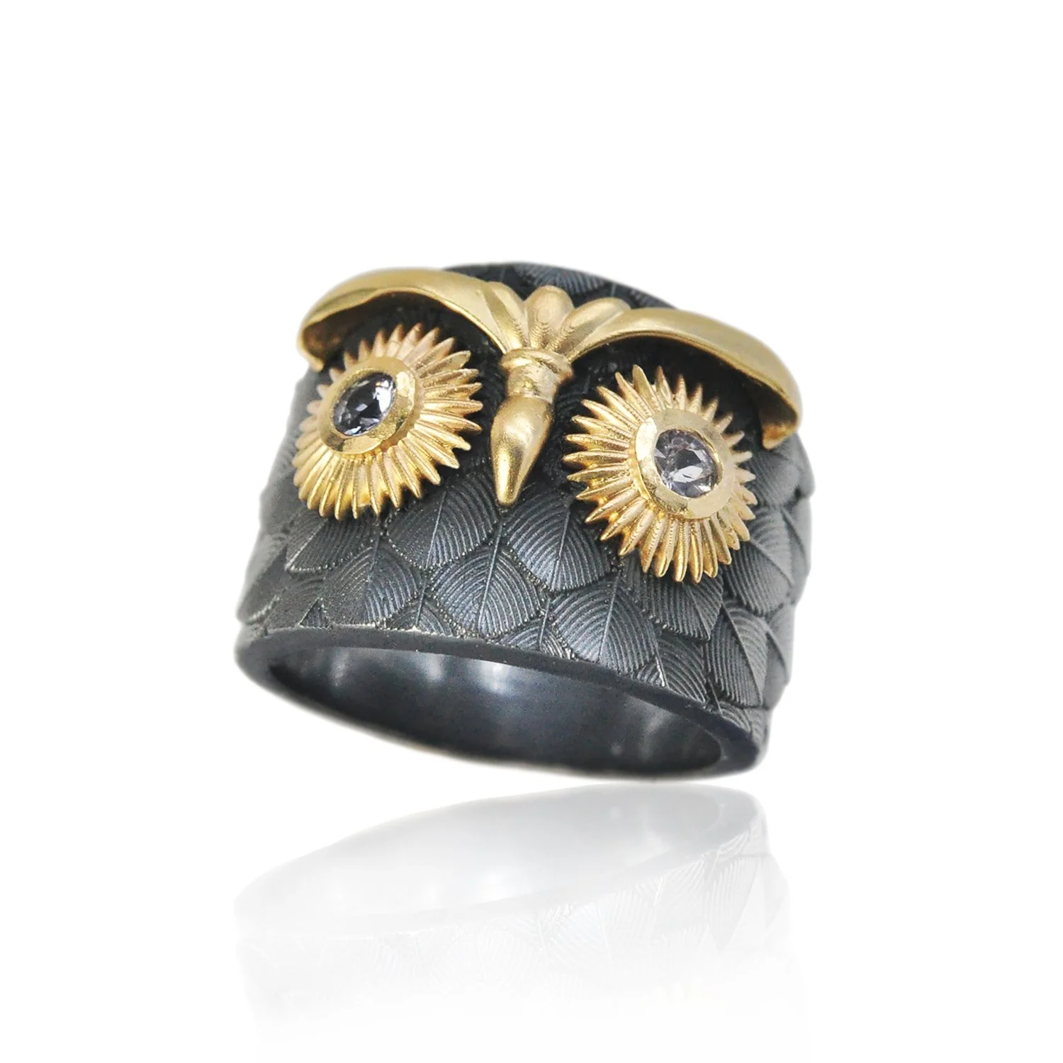 Owl Ring. 14k yellow gold, oxidized silver, spinels. Handmade fine art jewelry by Rebecca Myers Design.