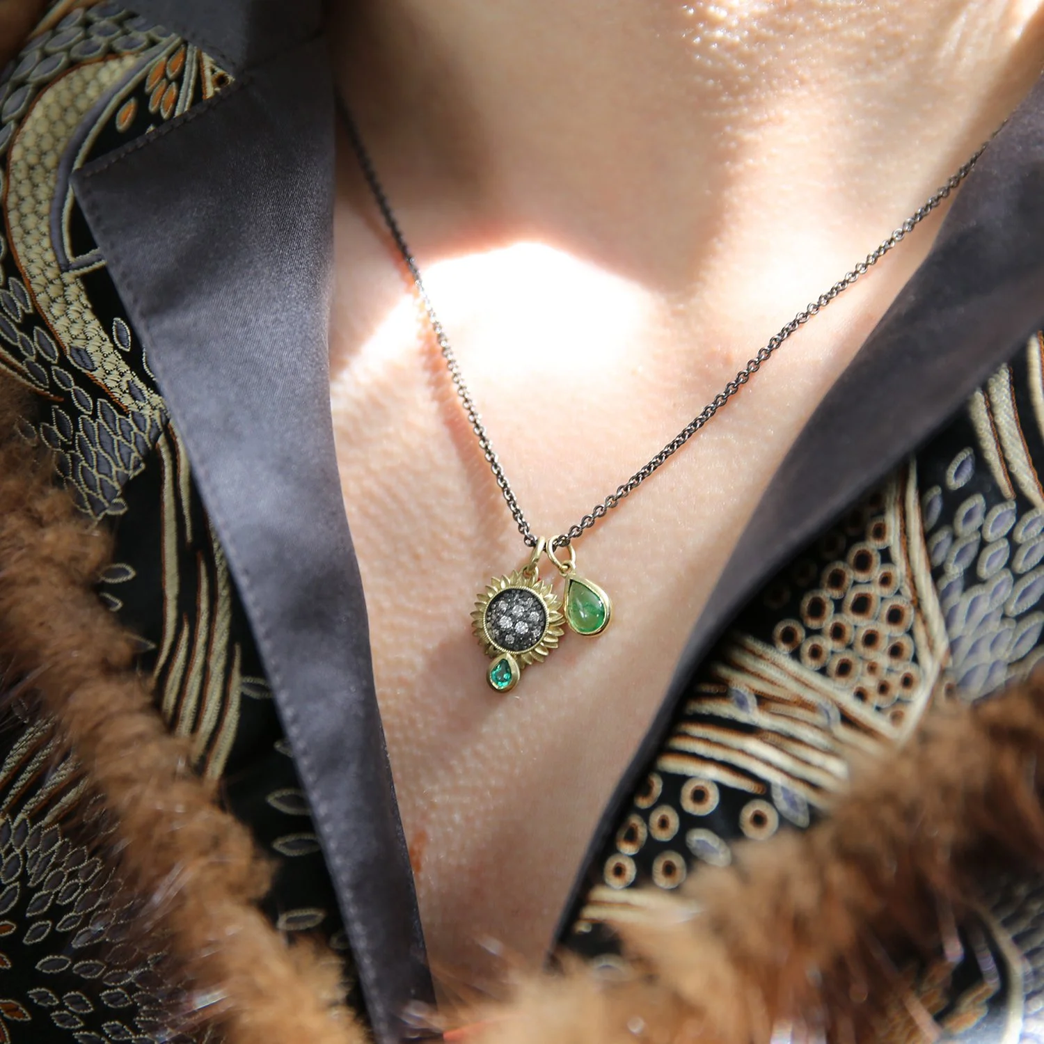 Small Sunflower Pendant with Emerald drop, lifestyle WEB.jpg