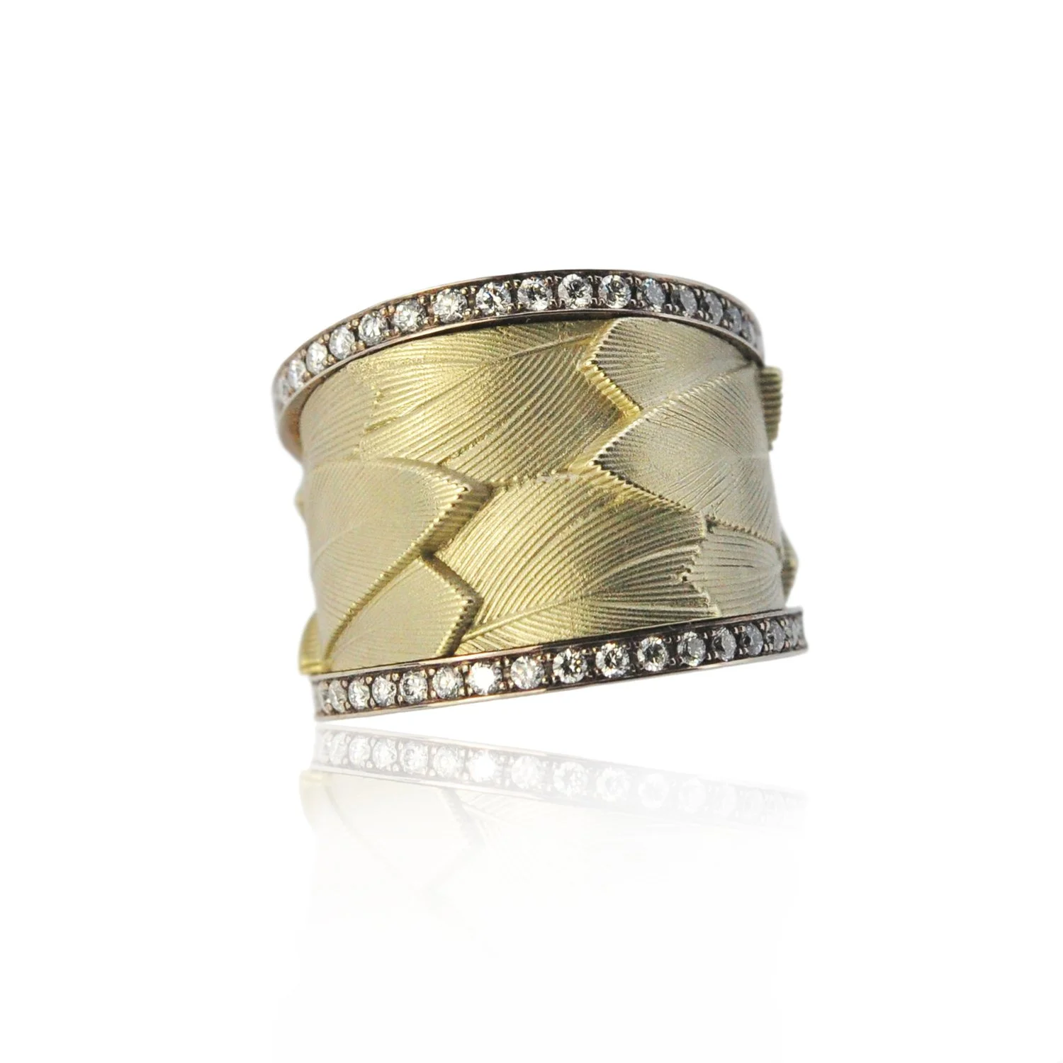Wide Gold Feather Band with Diamond Edges. 14k yellow gold, 14k white gold, pave set diamonds. Handmade fine art jewelry by Rebecca Myers Design.