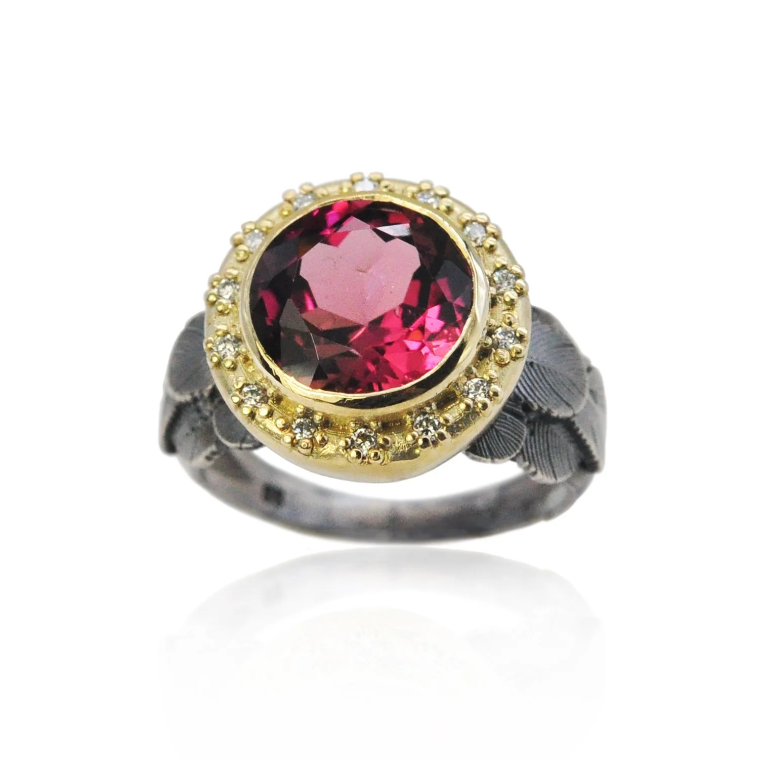 Feather Halo Ring with Round Pink Tourmaline. Pink tourmaline, 14k yellow gold, oxidized silver, pave set white diamonds. Handmade fine art jewelry by Rebecca Myers Design.