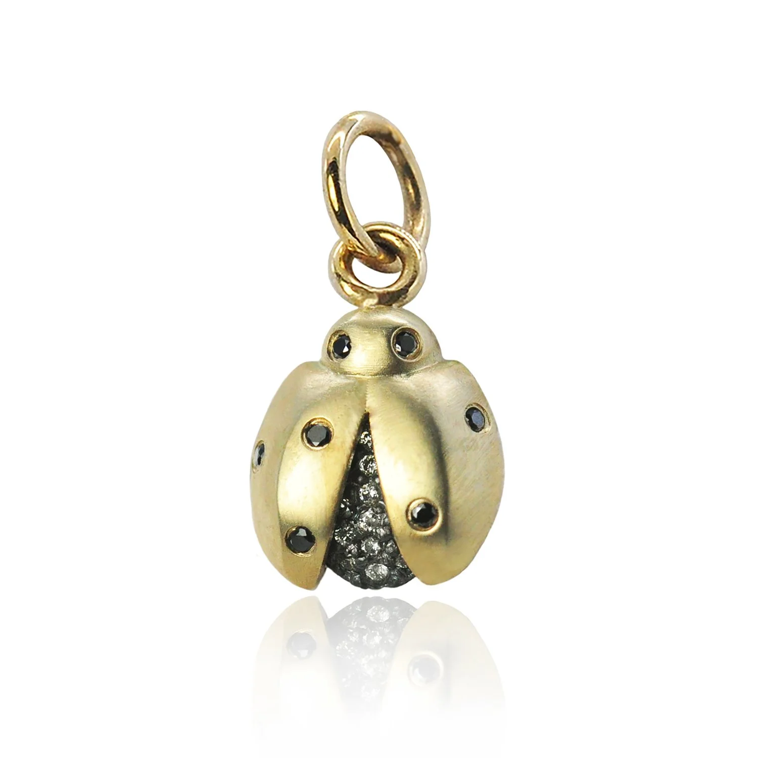 Ladybug Pendant only. 14k yellow gold, oxidized silver, white & black diamonds. Handmade fine art jewelry by Rebecca Myers Design.