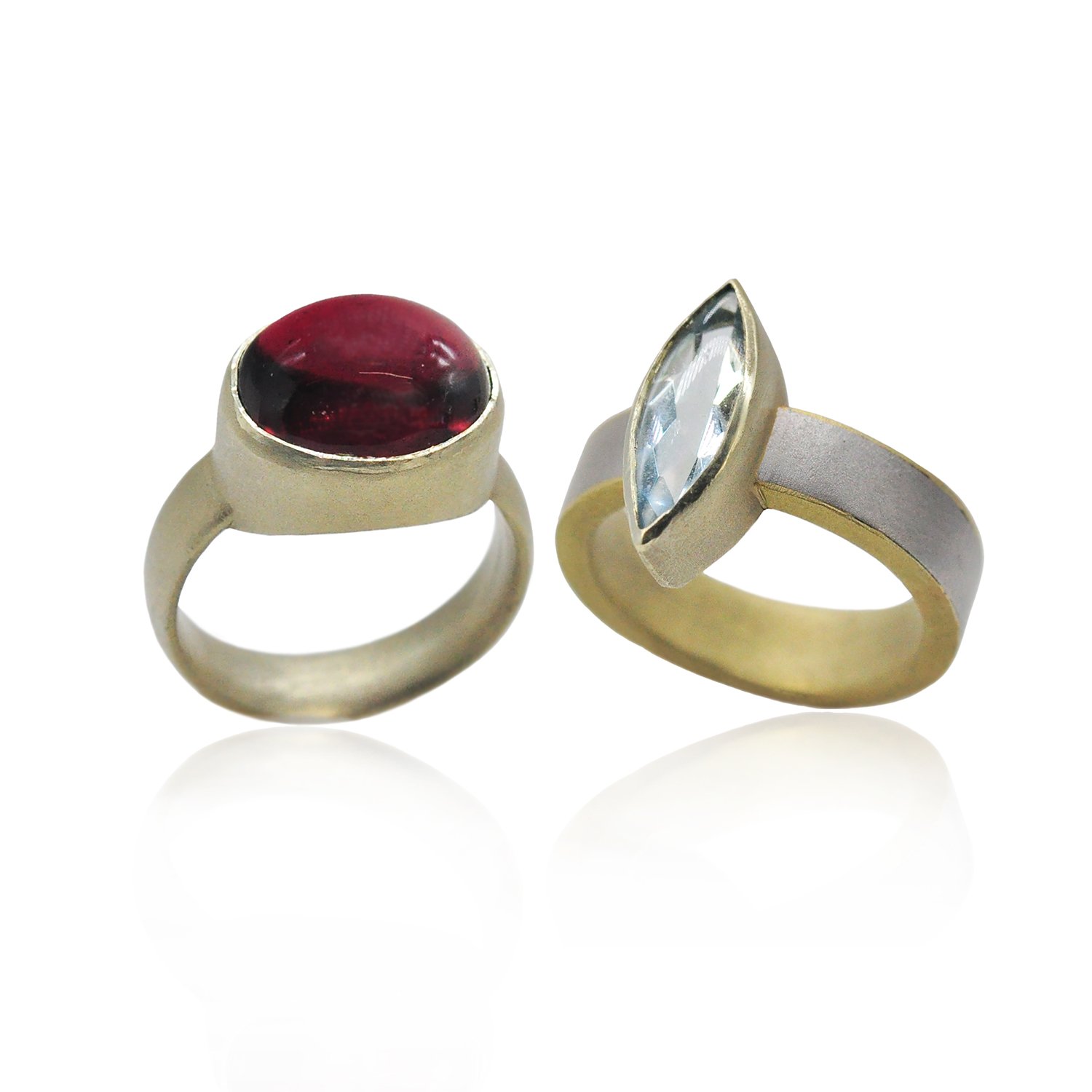 Gemstone Rings. Tourmaline cabochon, marquis aquamarine, 14k yellow gold, sterling silver. Handmade fine art jewelry by Rebecca Myers Design.