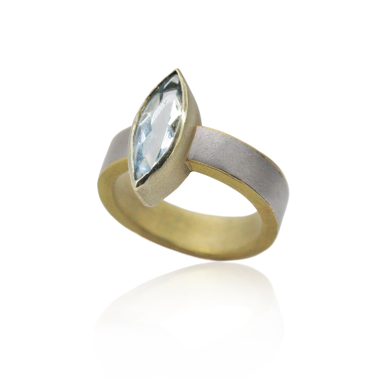 Aquamarine Ring. Marquis aquamarine, 14k yellow gold, sterling silver. Handmade fine art jewelry by Rebecca Myers Design.