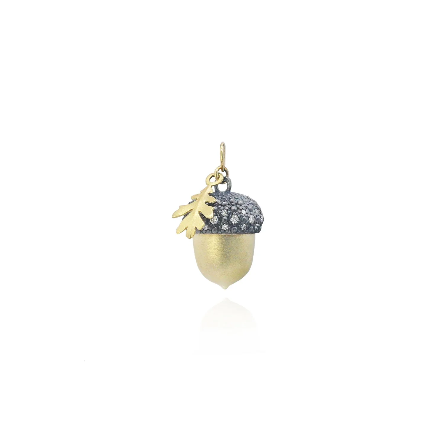 Small Acorn Charm. 14k or 18k yellow gold, oxidized silver, pave set diamonds. Handmade fine art jewelry by Rebecca Myers Design.