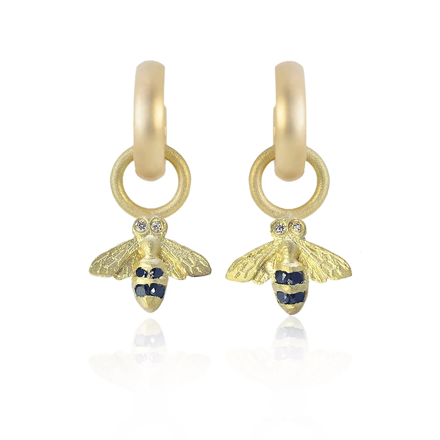 Huggie Hoop Small Bee Charm Earrings. 14k yellow gold, white & black diamonds. Handmade fine art jewelry by Rebecca Myers Design.