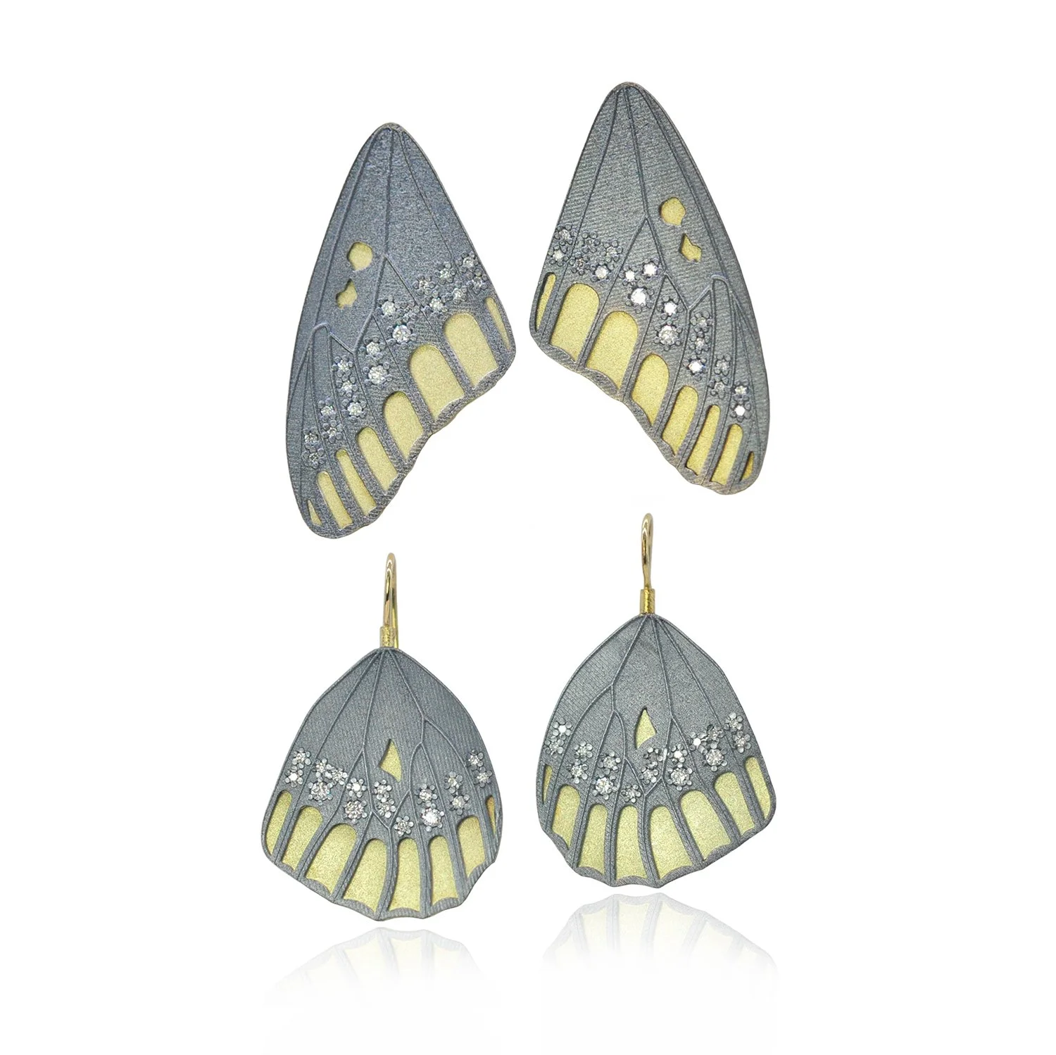 Checkerspot Butterfly Top & Bottom Wing Earrings. 14k yellow gold, oxidized silver, diamonds. Handmade fine art jewelry by Rebecca Myers Design.