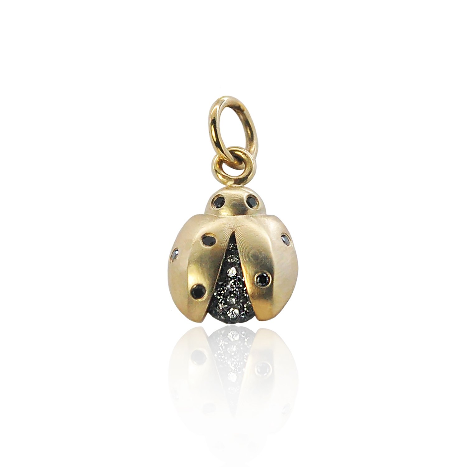 Ladybug Pendant. 14k yellow gold, oxidized silver, white diamonds. Handmade fine art jewelry by Rebecca Myers Design.