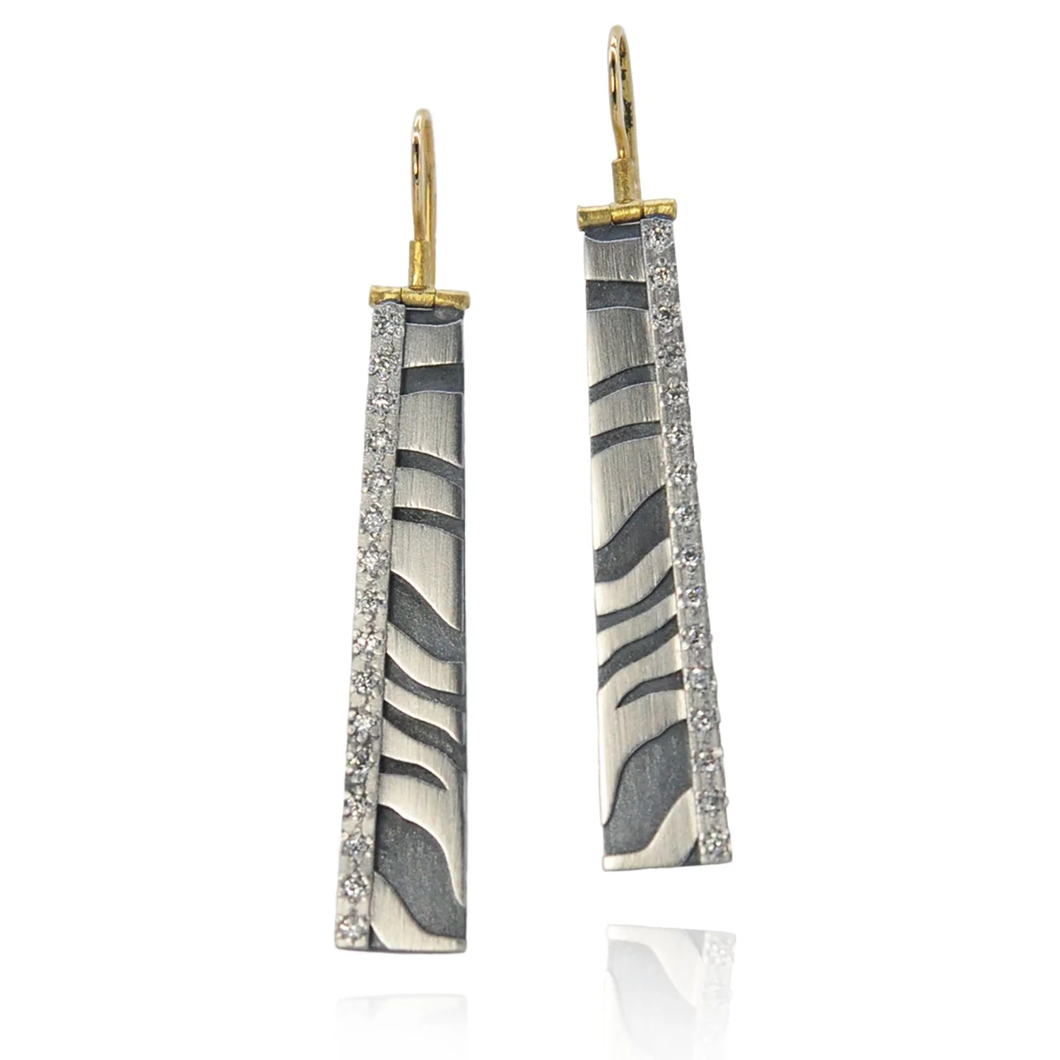 Platinum Zebra Bar Earrings. Platinum, oxidized silver, white diamonds, 14k yellow gold. Handmade fine art jewelry by Rebecca Myers Design.