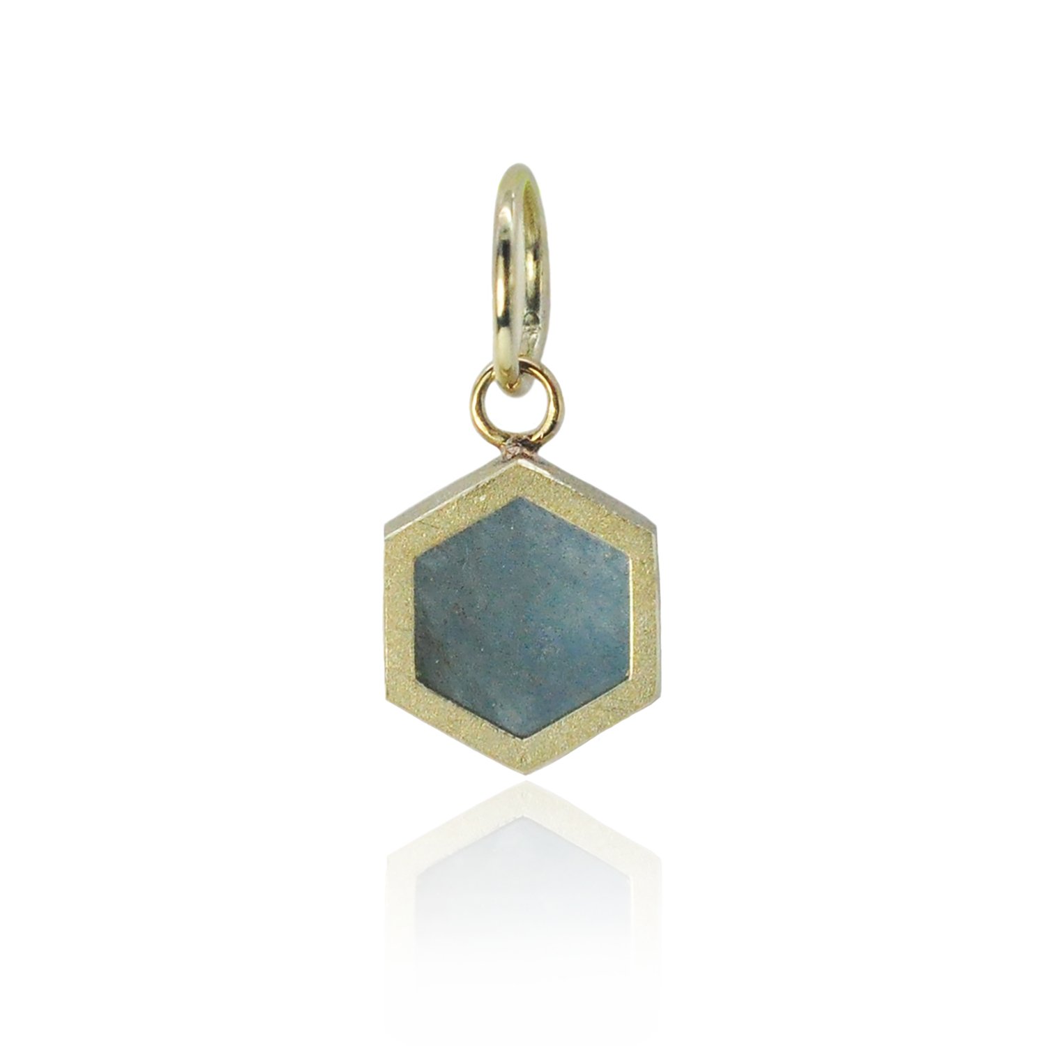 Hexagonal Aquamarine Slice Charm. 14k yellow gold, hexagonal aquamarine slice. Handmade fine art jewelry by Rebecca Myers Design.