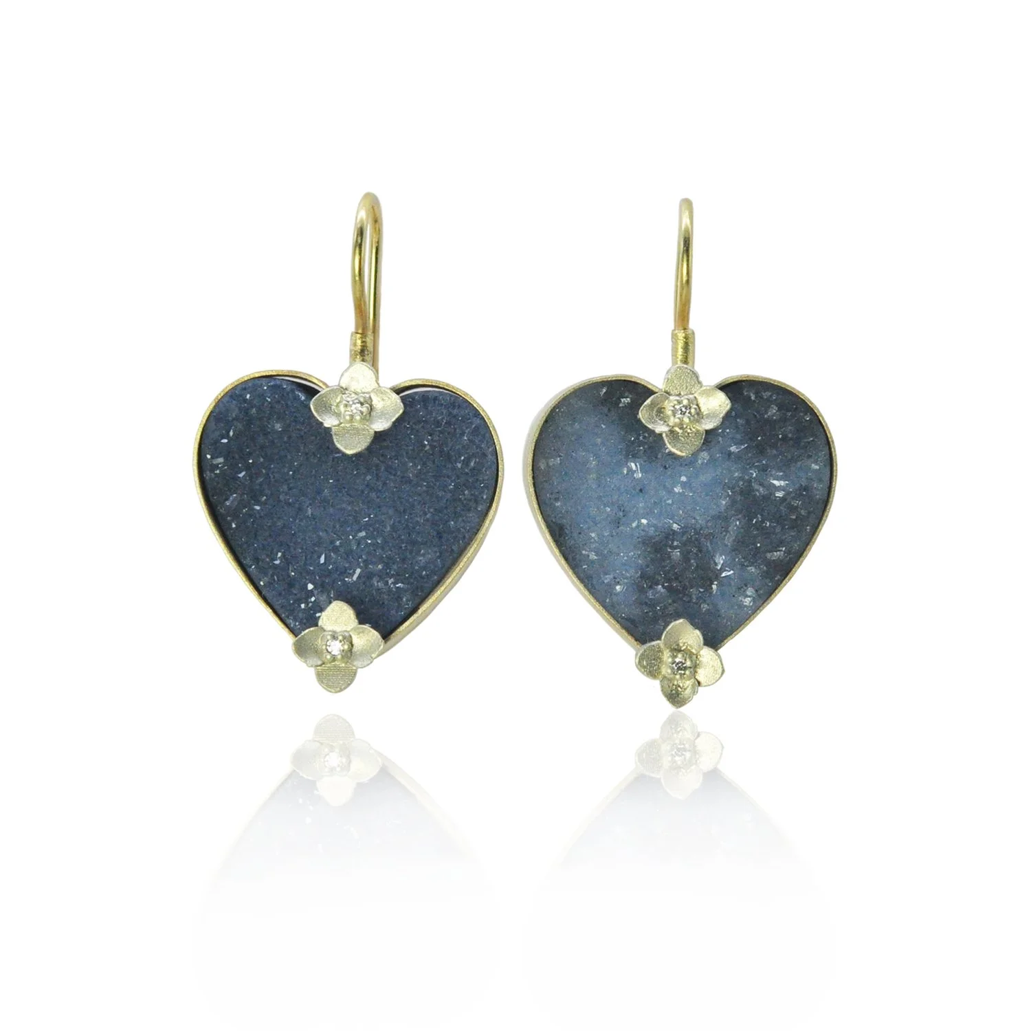 Black Druzy Heart Earrings with Hydrangeas. Black/gray heart shaped druzies, 14k yellow gold, white diamonds. Handmade fine art jewelry by Rebecca Myers Design.