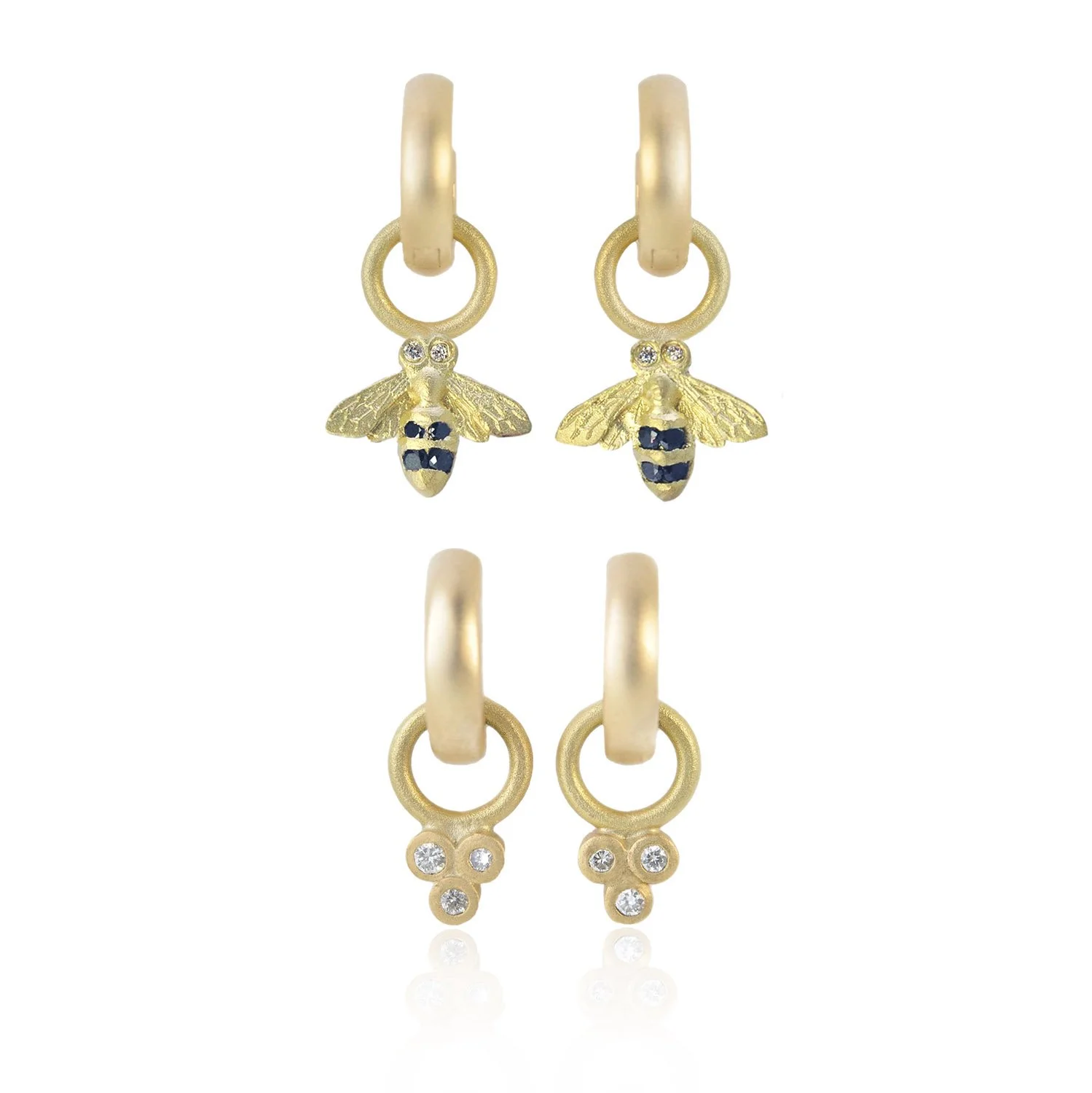 Huggie Hoop Charm Earrings. 14k yellow gold, white & black diamonds. Handmade fine art jewelry by Rebecca Myers Design.