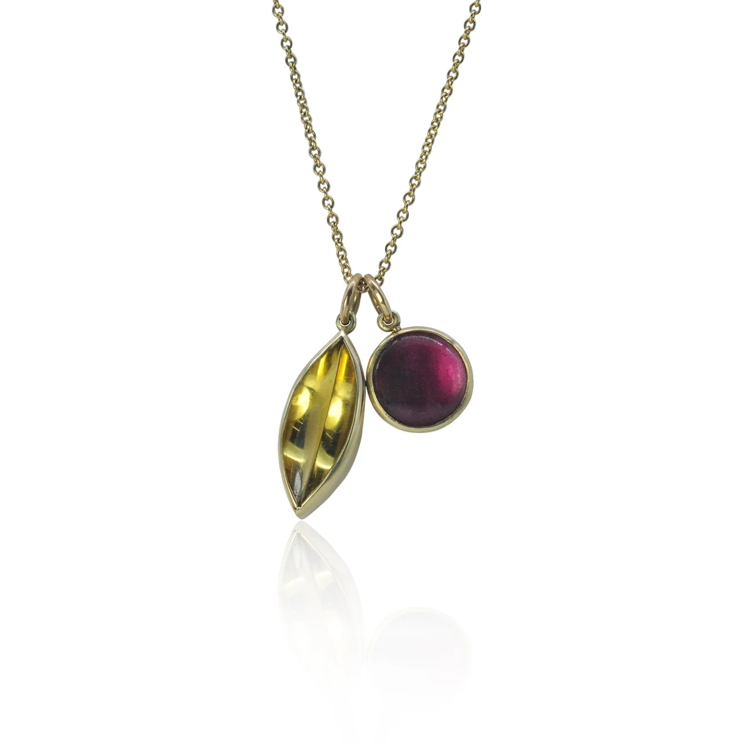 Marquis Citrine & Round Pink Tourm Charms on chain. 18k yellow gold, 14k yellow gold chain, marquis citrine, tourmaline cabochon. Handmade fine art jewelry by Rebecca Myers Design.