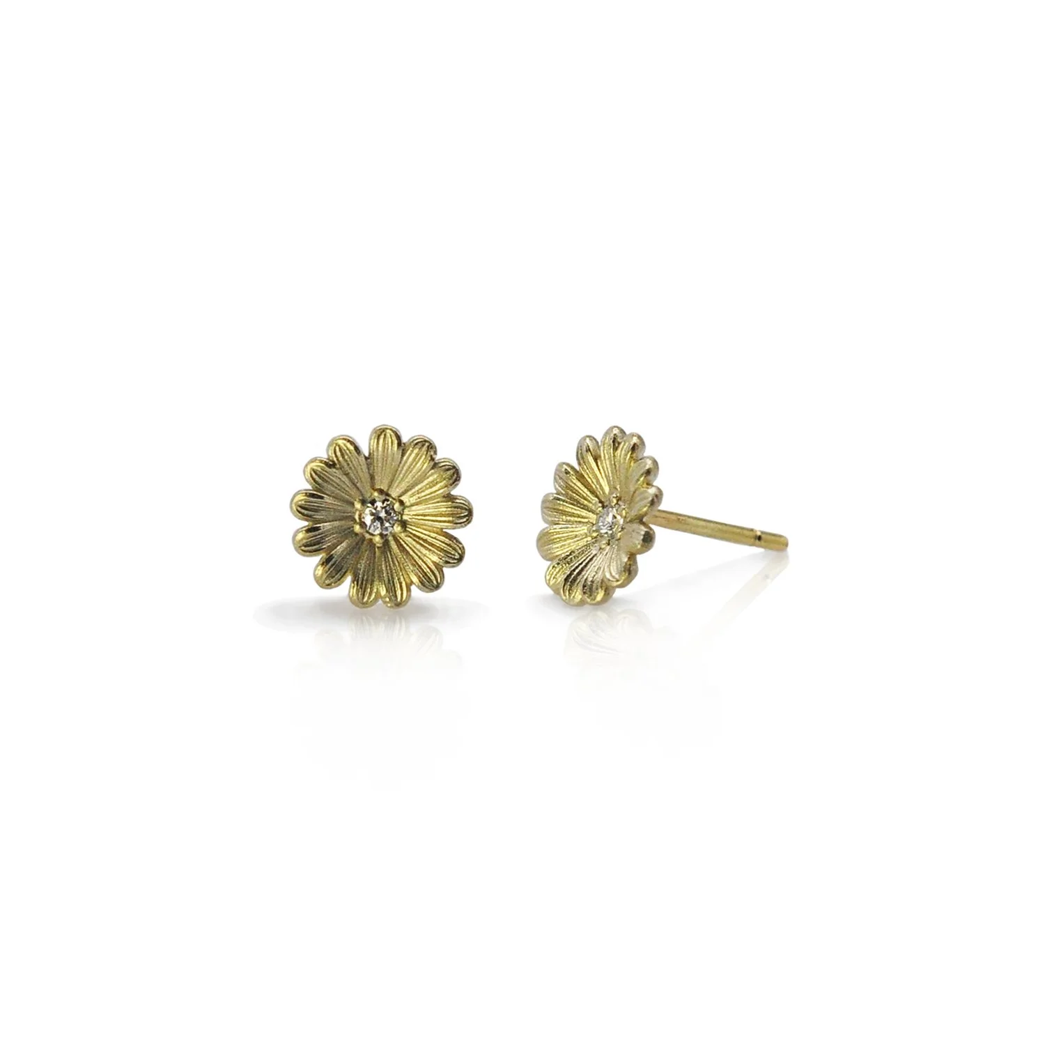 Tiny Shasta Earrings. 14k yellow gold, white diamonds. Handmade fine art jewelry by Rebecca Myers Design.