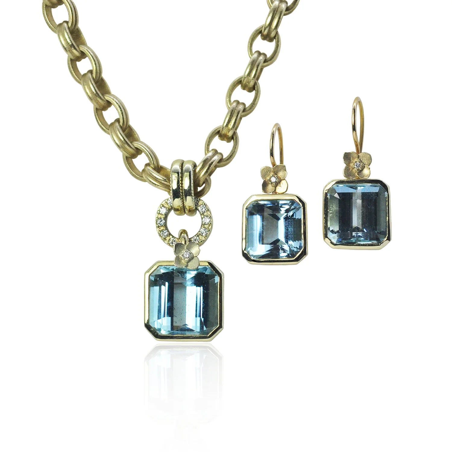 Emerald Cut Aquamarine Necklace & Earrings. 14k yellow gold, 18k yellow gold, pave set diamonds, bezel set aquas. Handmade fine are jewelry by Rebecca Myers Design.