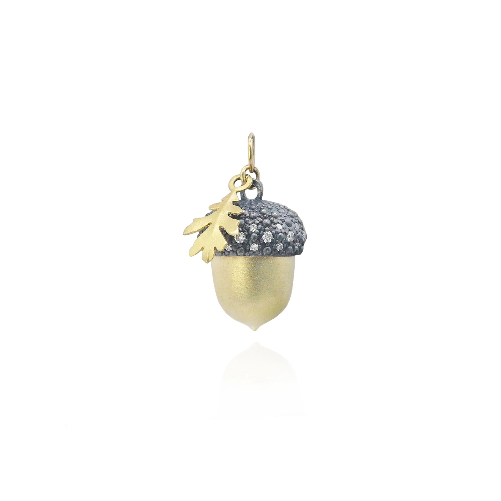 Small Acorn Charm only. 14k yellow gold, oxidized silver, pave set diamonds. Handmade fine art jewelry by Rebecca Myers Design.