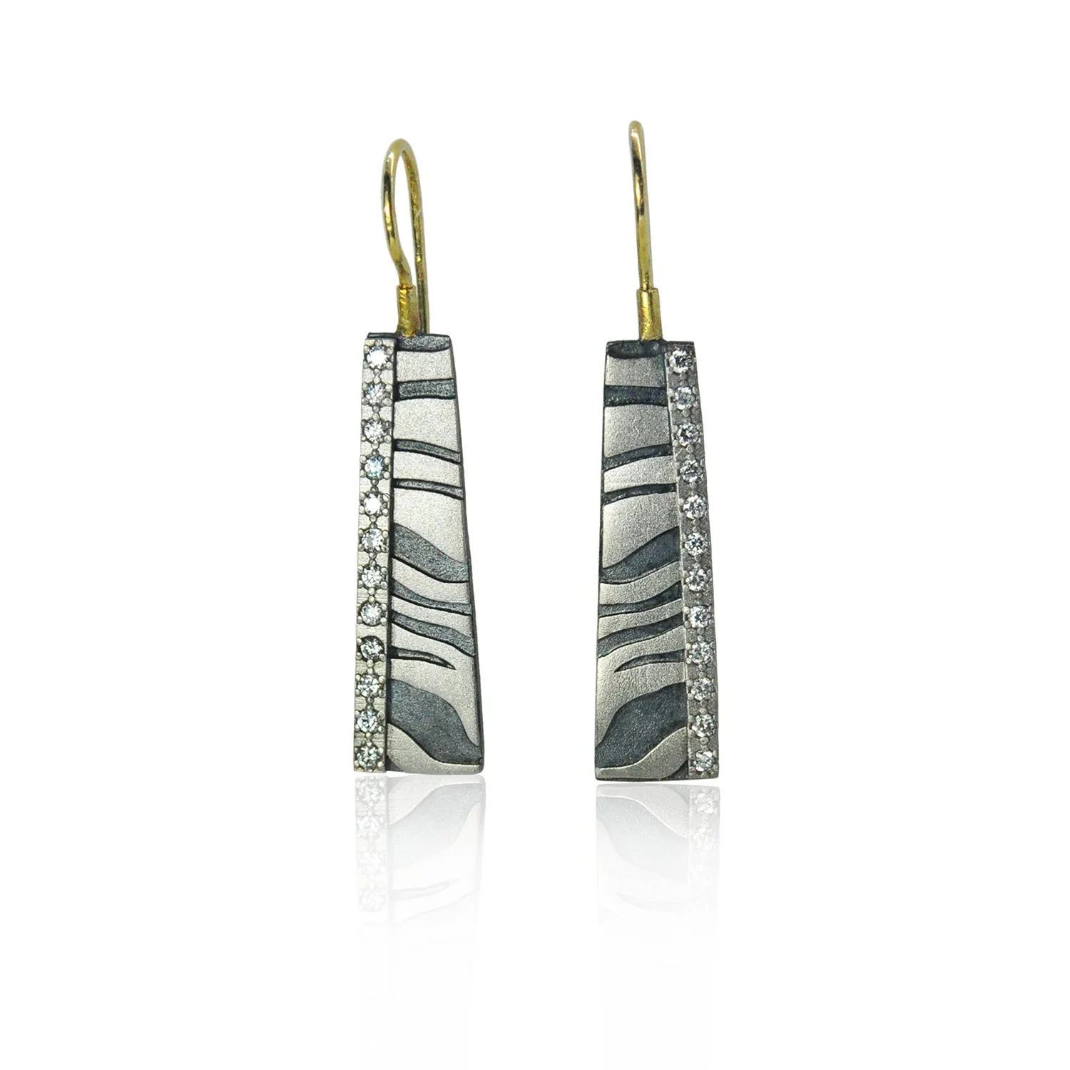 Short Zebra Bar Earrings. Platinum over oxidized silver, white diamonds, 14k yellow gold. Handmade fine art jewelry by Rebecca Myers Design.
