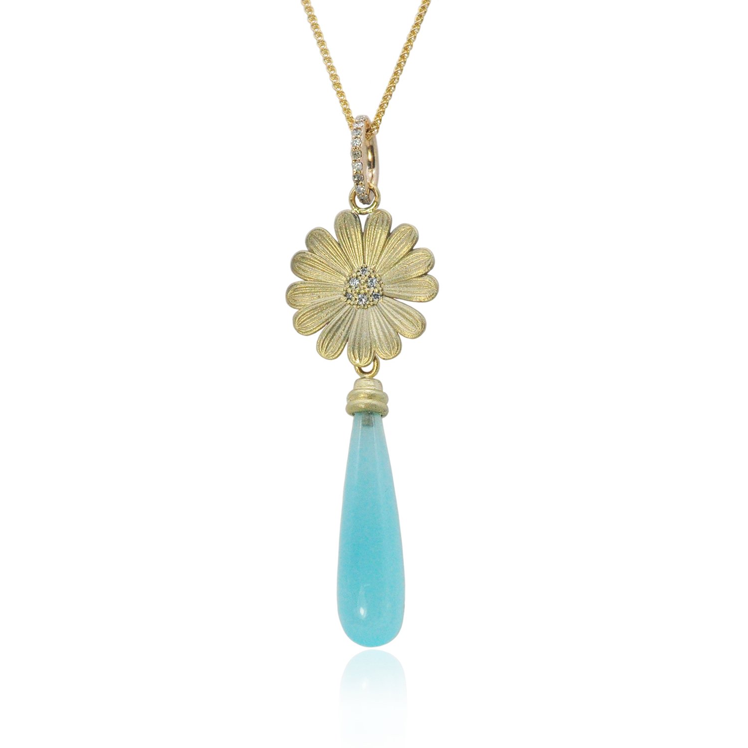 Shasta Daisy Topped Aquamarine Teardrop necklace. 14k yellow gold, pave set brilliant cut white diamonds, aquamarine teardrops. Handmade fine art jewelry by Rebecca Myers Design