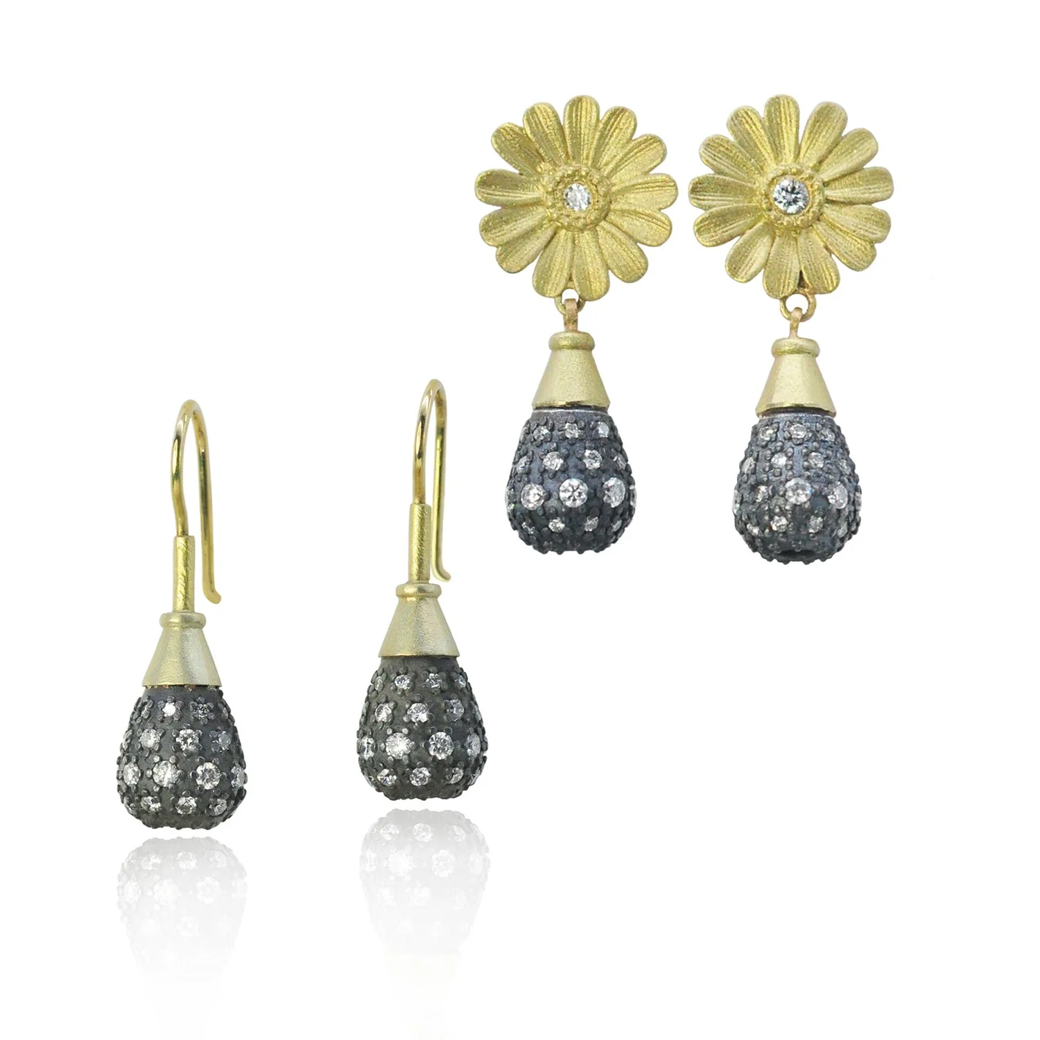 Pave Teardrop Earrings with and without daisies. 14k yellow gold, oxidized silver, pave set white diamonds. Handmade fine art jewelry by Rebecca Myers Design.