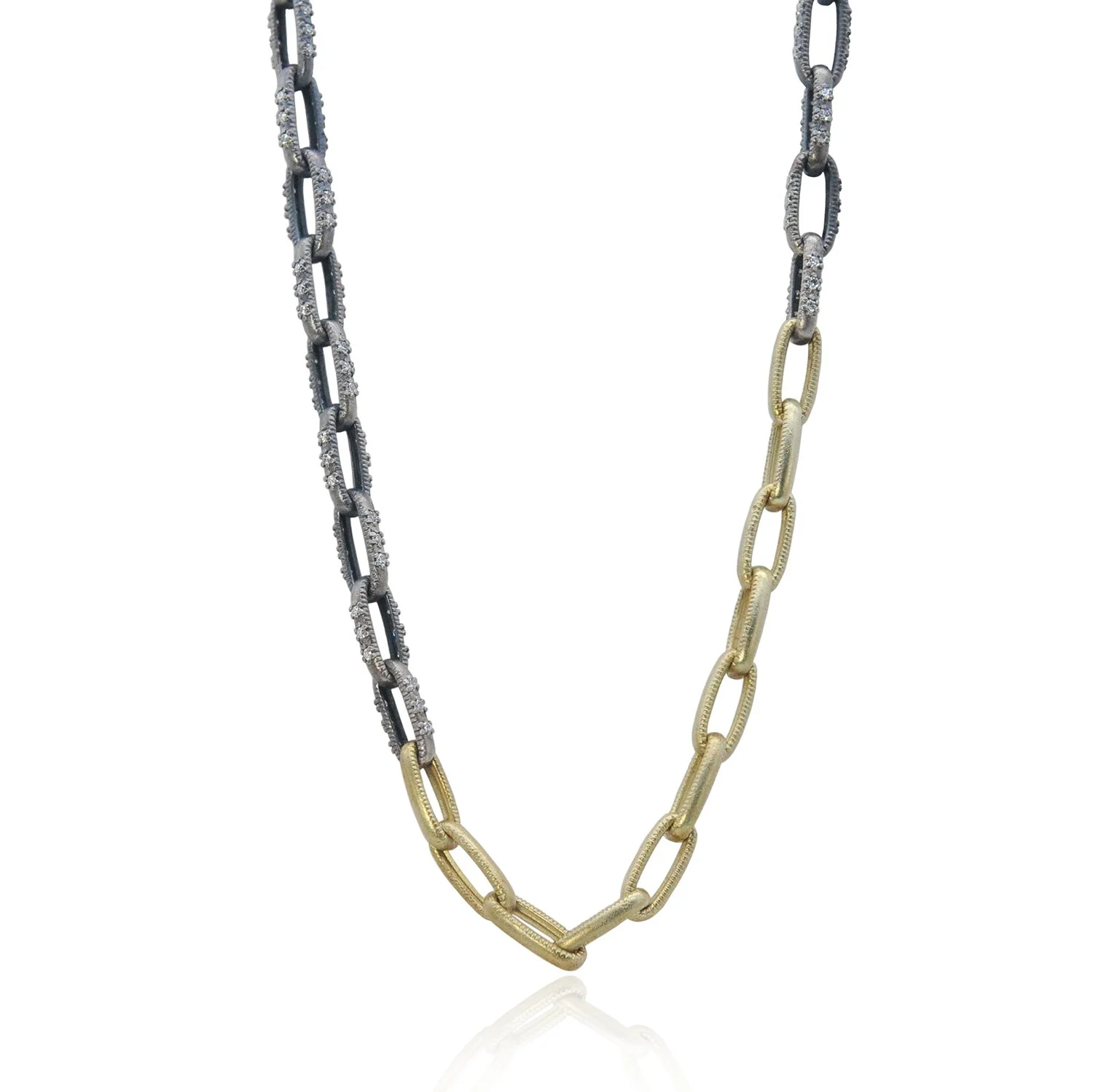 Pave Link & 14ky Link Necklace. 14k yellow gold, oxidized silver, pave set white diamonds. Handmade fine art jewelry by Rebecca Myers Design.