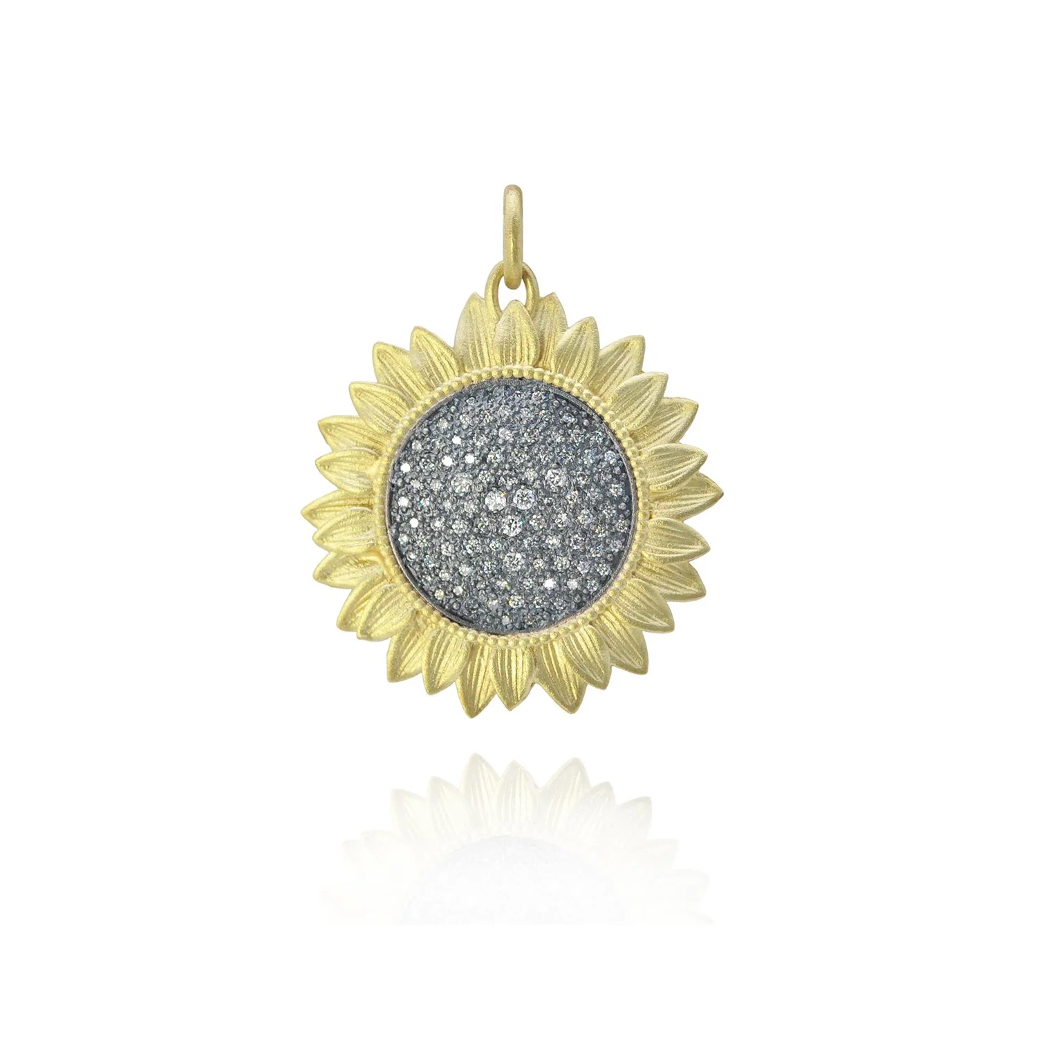 Large Pave Diamond Sunflower Pendant. 18k yellow gold, oxidized silver, pave set white diamonds. Handmade fine art jewelry by Rebecca Myers Design.