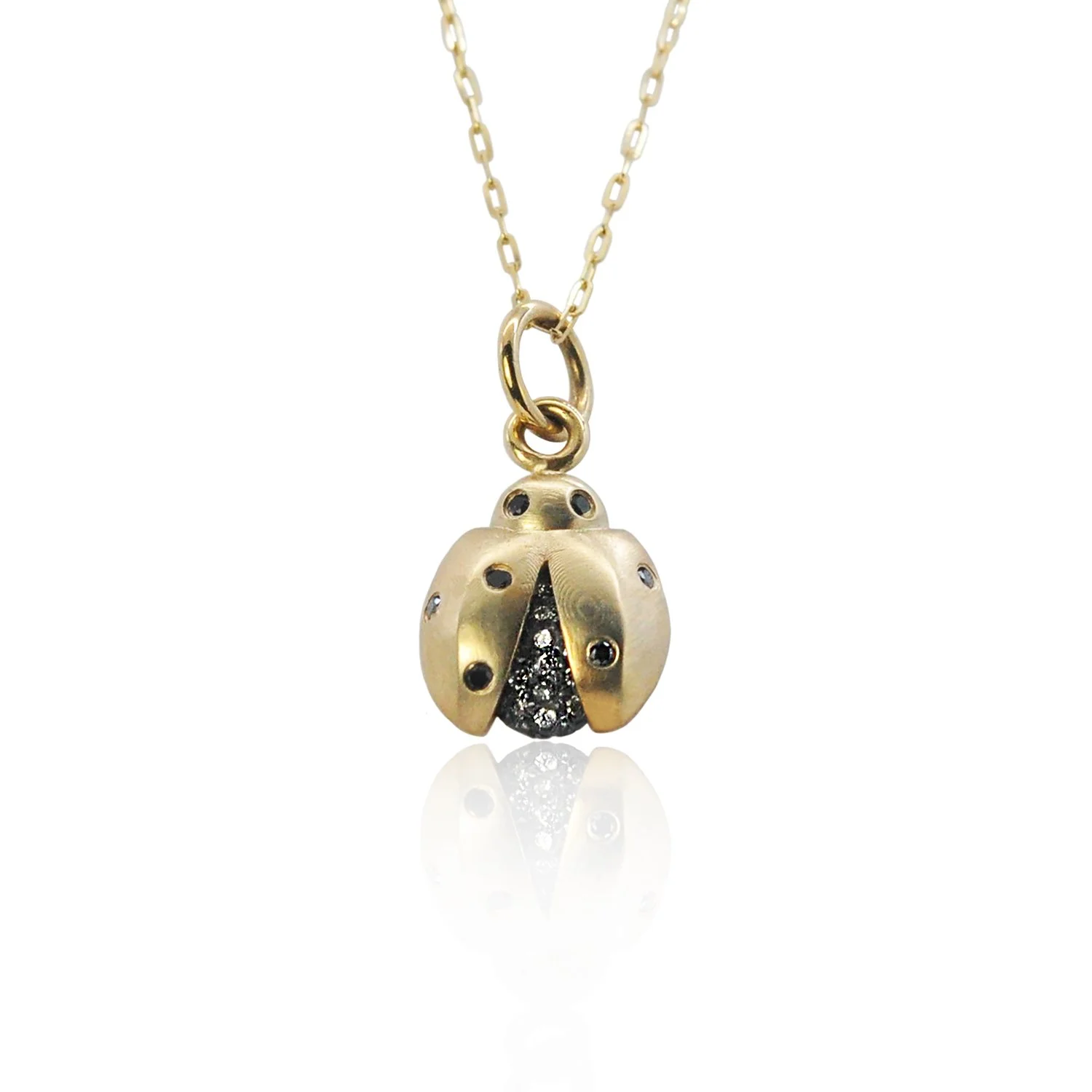 Ladybug Pendant on chain. 14k yellow gold, oxidized silver, white diamonds. Handmade fine art jewelry by Rebecca Myers Design.