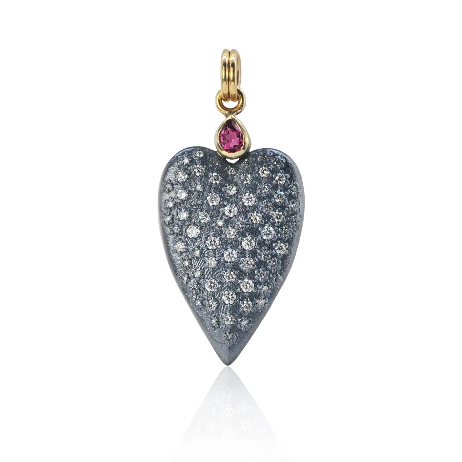 Oxidized Silver & Diamond Heart Pendant with Ruby Top & Double JumpRing Bail. Oxi SS, diamonds, ruby, 14ky. Handmade fine art jewelry by Rebecca Myers