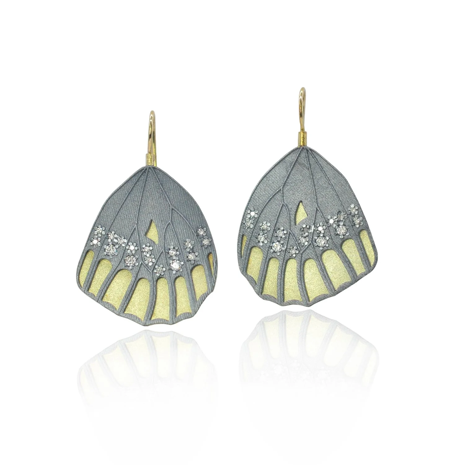 Checkerspot Butterfly Bottom Wing Earrings. 18k yellow gold, oxidized silver, diamonds. Handmade fine art jewelry by Rebecca Myers Design.