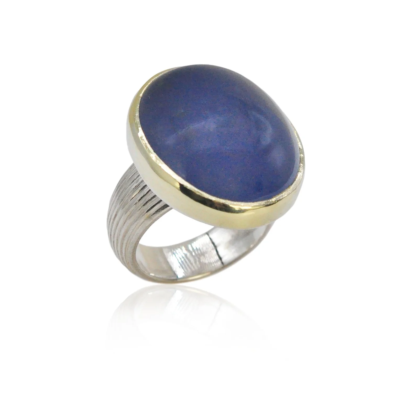 Oval Lavender Chalcedony Cabochon Ring. Chalcedony, 14k yellow gold, sterling silver. Handmade fine art jewelry by Rebecca Myers Design.