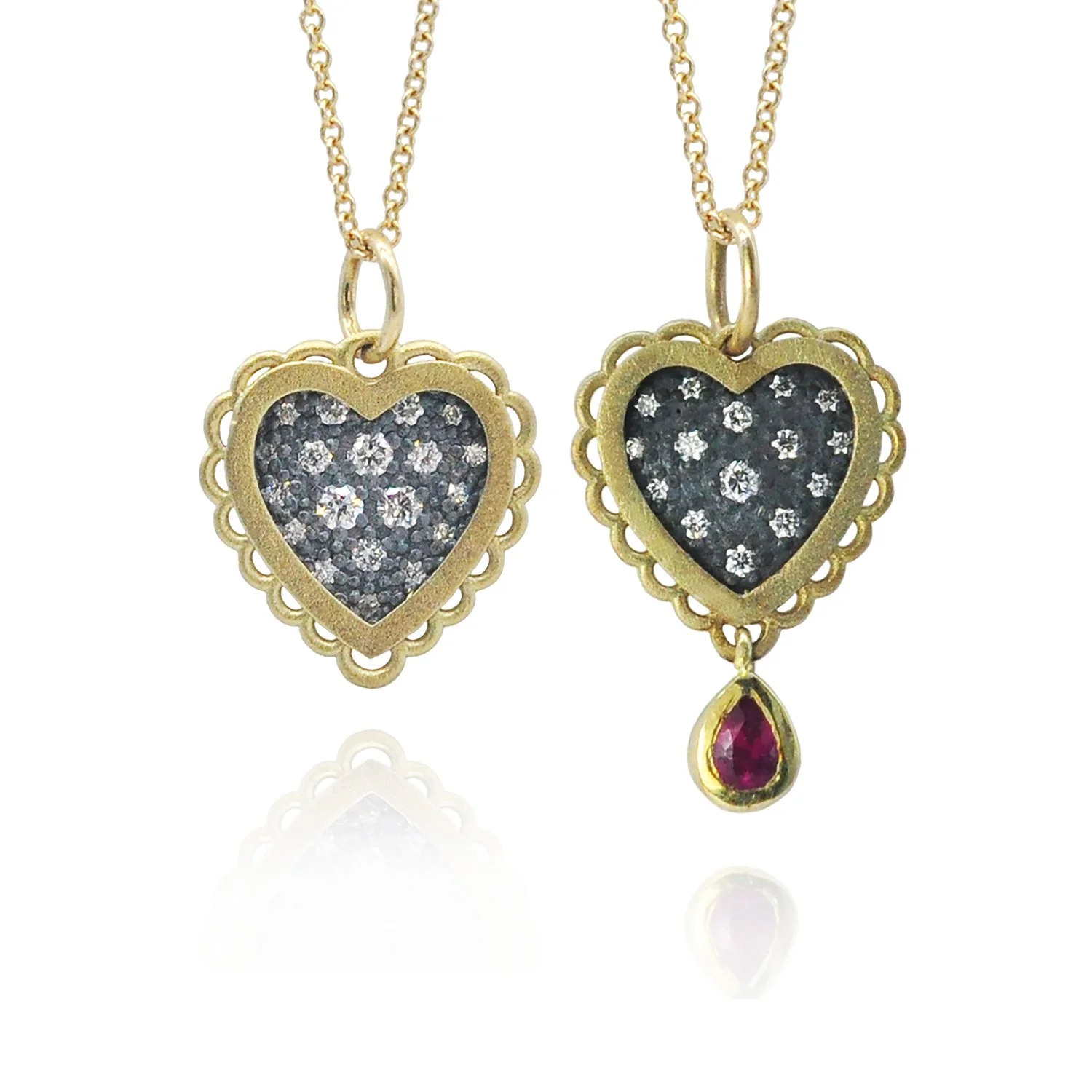 Small Gold Framed Pave Heart Necklaces. 14k yellow gold, oxidized silver, pave set white diamonds, with and without bezel set teardrop ruby. Handmade fine art jewelry by Rebecca Myers Design.