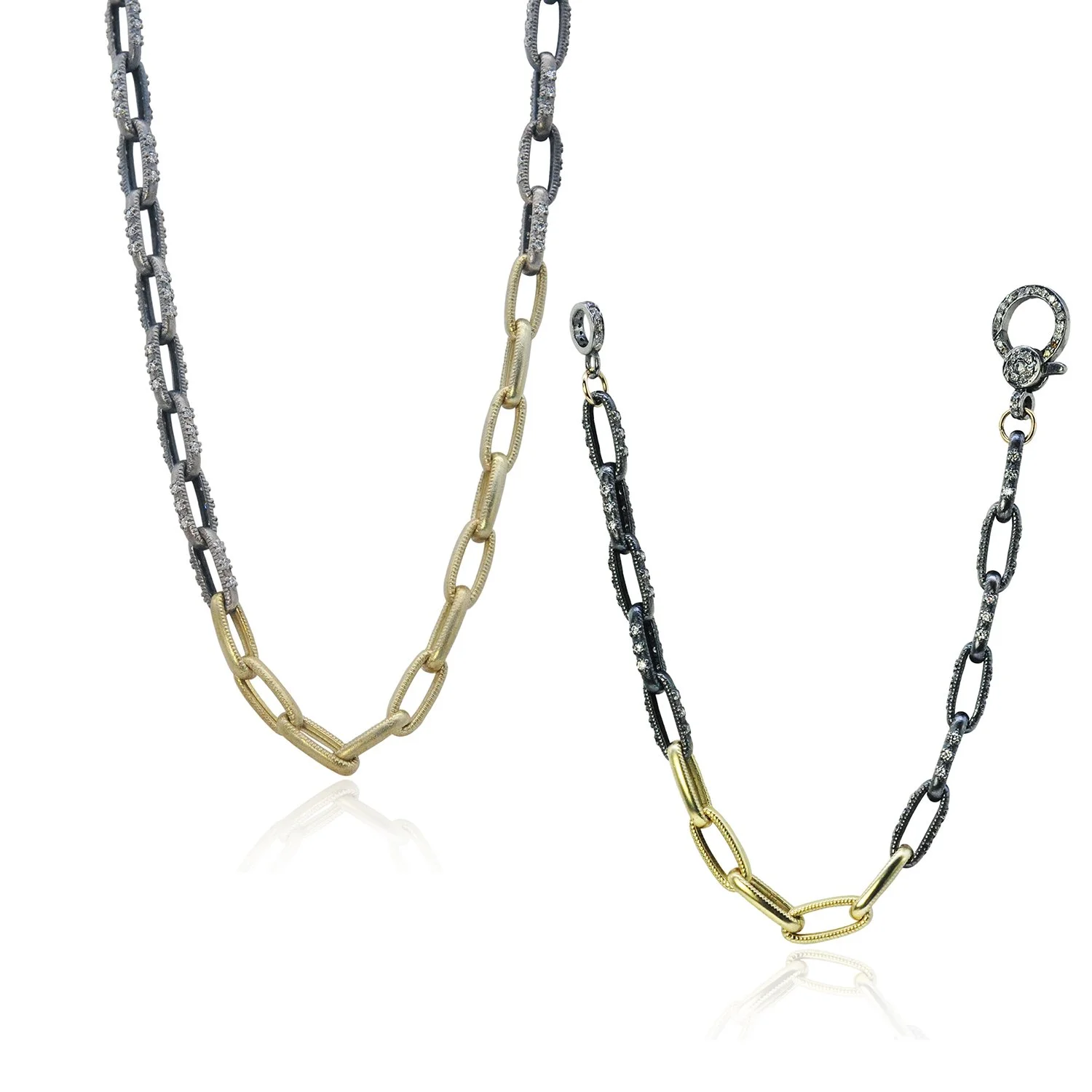 Pave Link & 14ky Link Nk & Br. 14k yellow gold, oxidized silver, pave set white diamonds. Handmade fine art jewelry by Rebecca Myers Design.