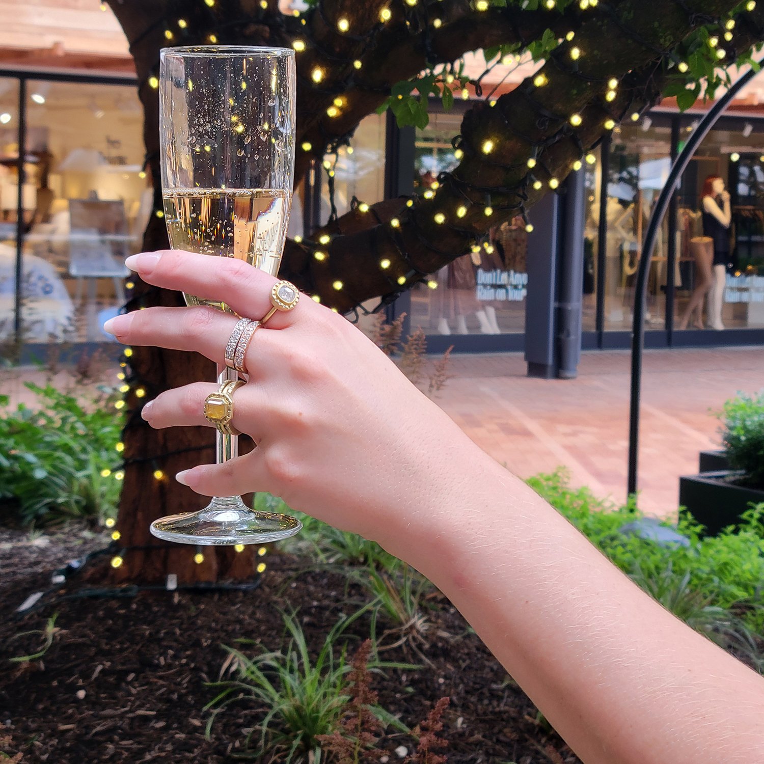 Square Pave Diamond Stacking Rings. Gold, pave set diamonds. Shown here on white female model. Handmade fine art jewelry by Rebecca Myers Design.