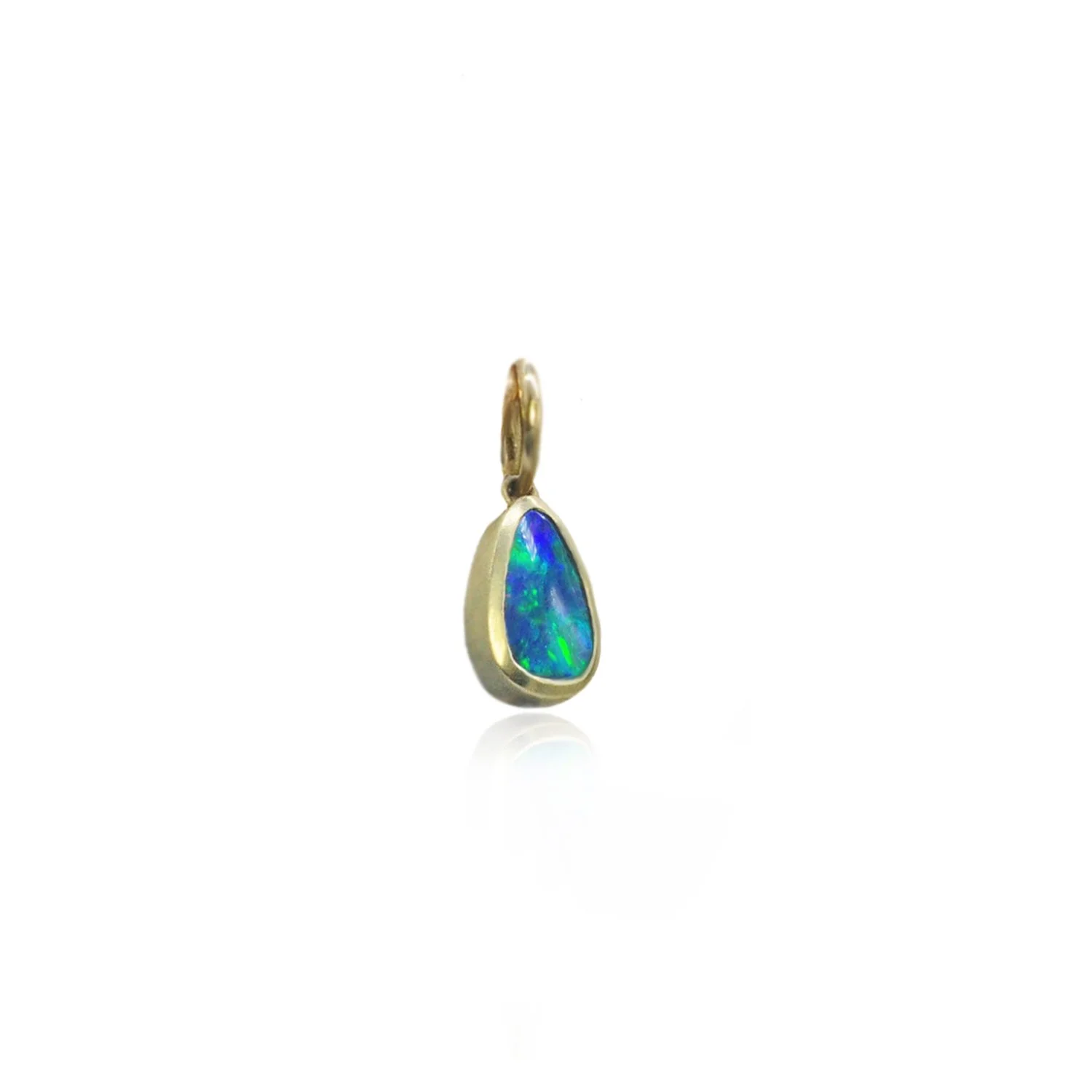 Small Boulder Opal Charm. 18k yellow gold bezel, teardrop boulder opal. Handmade fine art jewelry by Rebecca Myers Design.