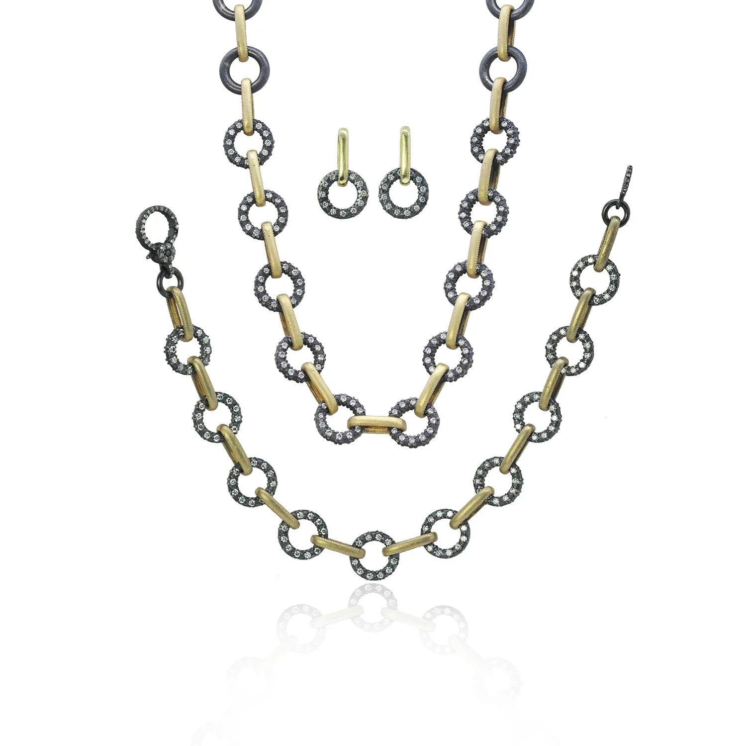 Gold and Silver Link Necklace, Bracelet, Earrings with Pave Set Diamonds, grouping. 14k yellow gold, oxidized silver, pave set white diamonds. Handmade fine art jewelry by Rebecca Myers Design.