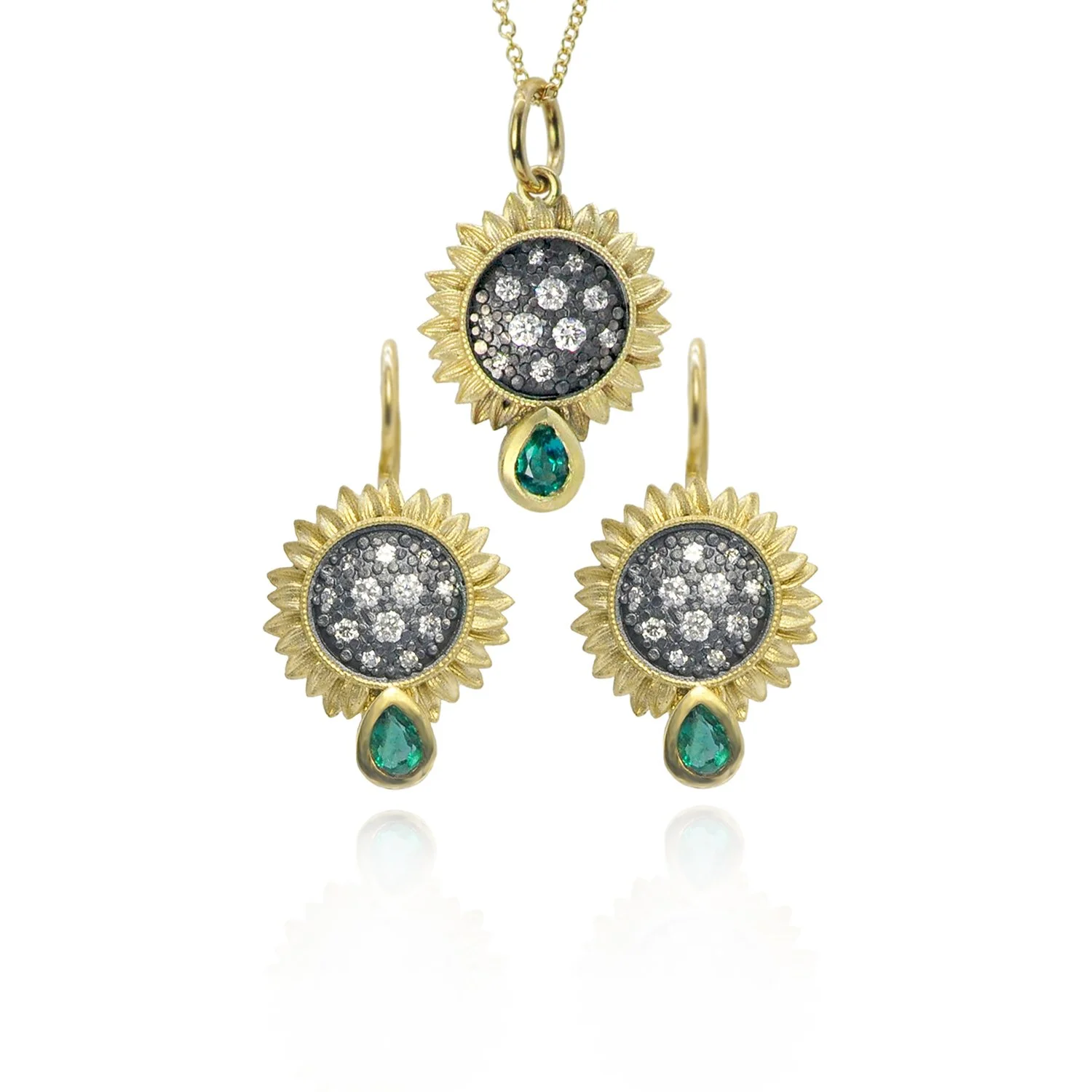 Small Sunflower Necklace with emeralds on 1.1mm cable & Earrings, Grouping WEB.jpg