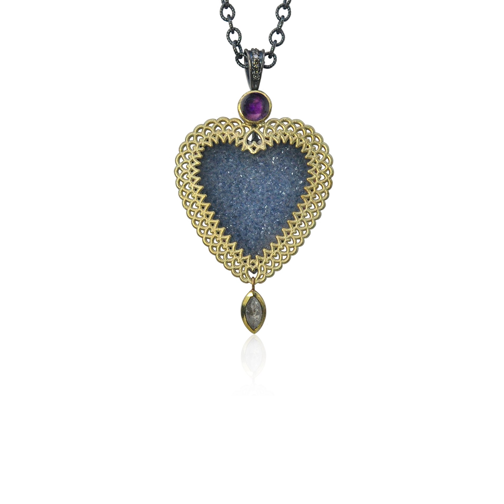 Framed Grey Druzy Heart Necklace with Marquise Diamond Drop 2 WEB.jpg