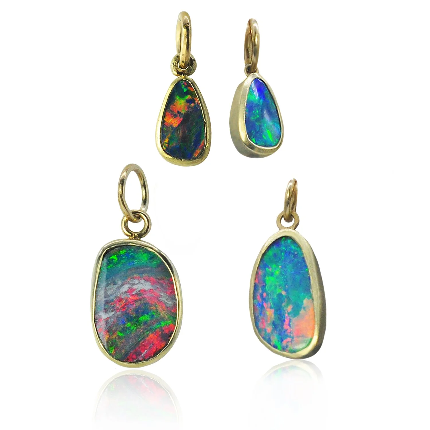 Boulder Opal Charms. Boulder opals, 18k yellow gold bezels. Handmade fine art jewelry by Rebecca Myers Design.