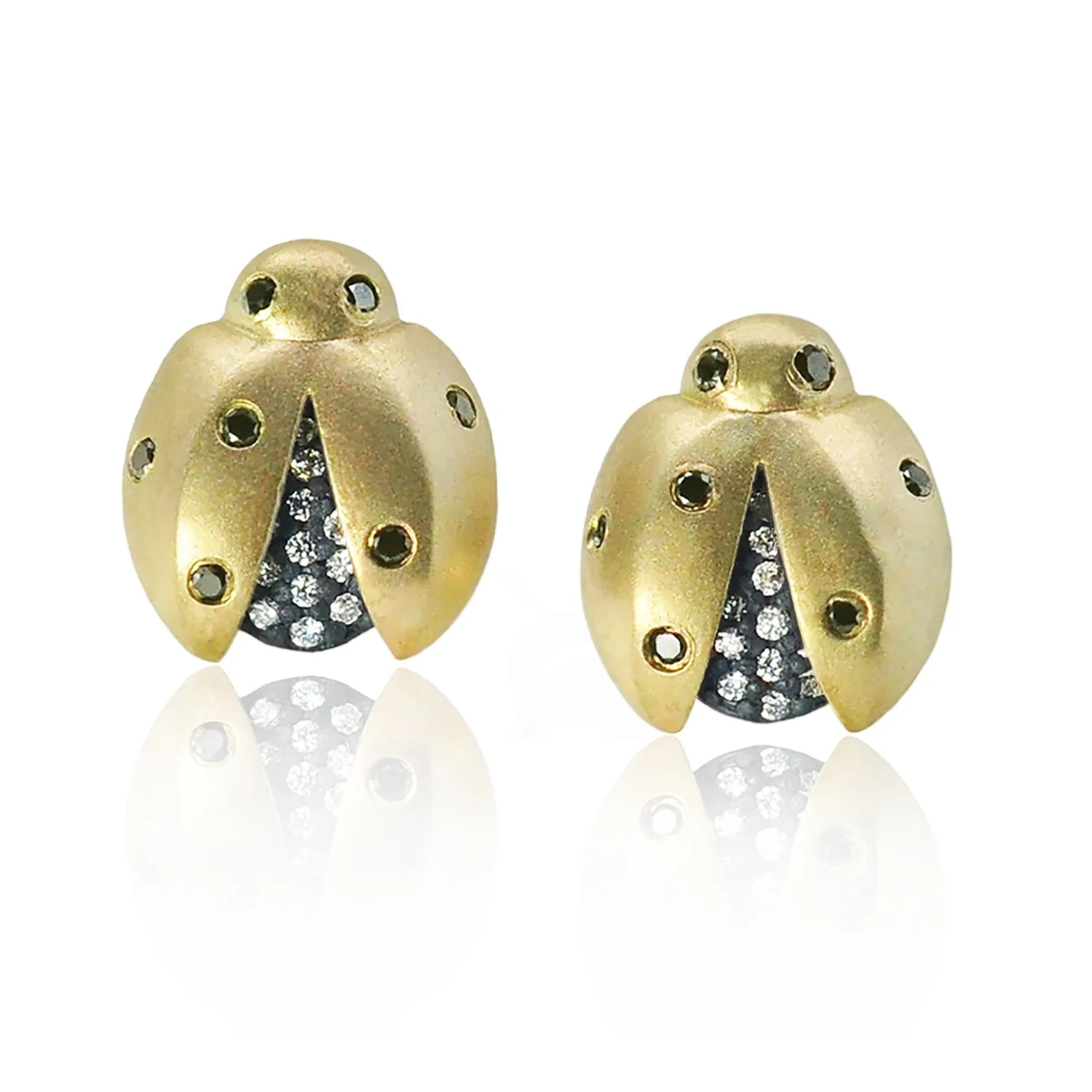 Ladybug Earrings. 14k yellow gold, oxidized silver, white & black diamonds. Handmade fine art jewelry by Rebecca Myers Design.