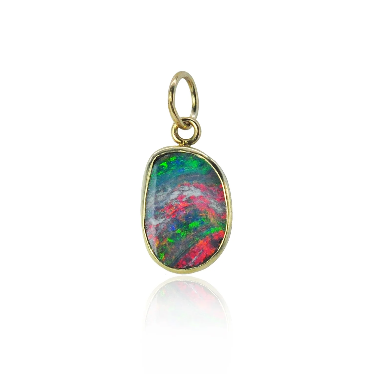 Large Boulder Opal Charm. 18k yellow gold bezel, oblong boulder opal. Handmade fine art jewelry by Rebecca Myers Design.